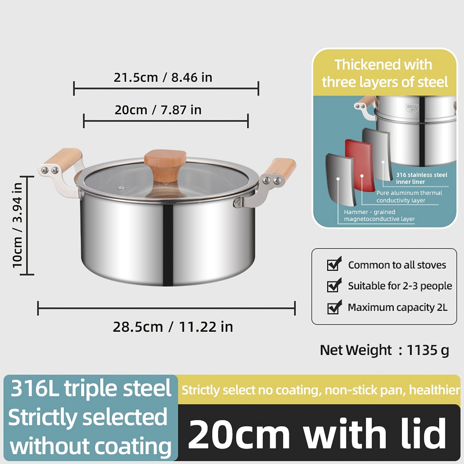 Pentola Da 1pc, Pentola Per Salsa In Acciaio Inossidabile Da 20 Cm / 7,87  '', Con Coperchio In Vetro Trasparente, Manico Ergonomico, Brasatori