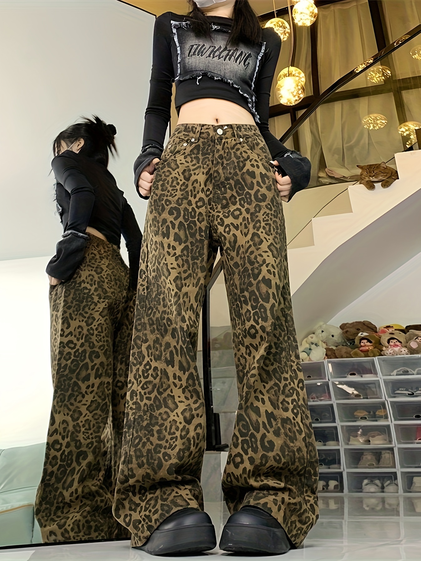 Leopard Print Chic Baggy Jeans Loose Fit Non stretch Wide - Temu