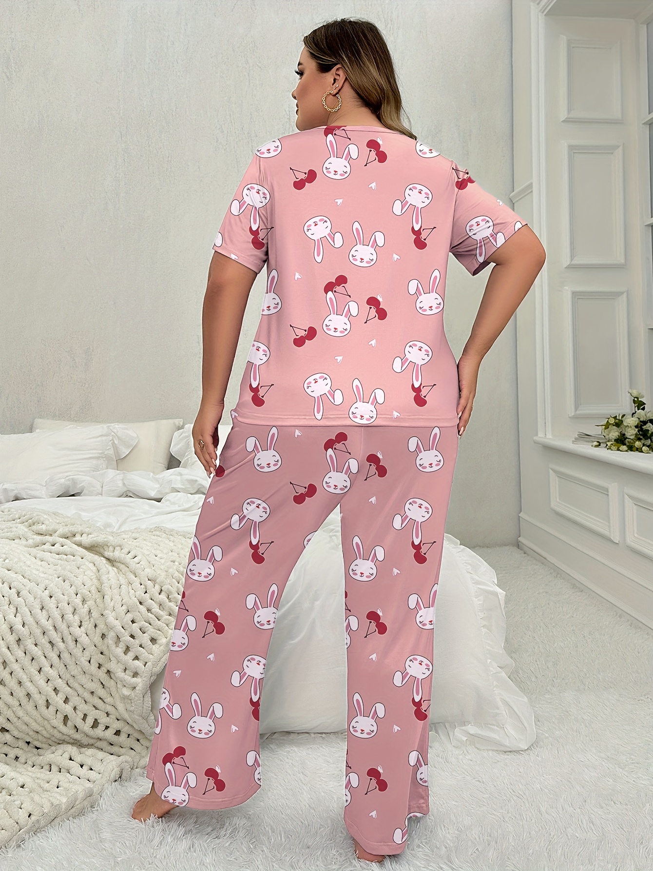 Plus Size Cute Pajamas Set, Women's Plus Cherry & Rabbit Print Long Sleeve  Round Neck Top & Pants Lounge 2 Piece Set