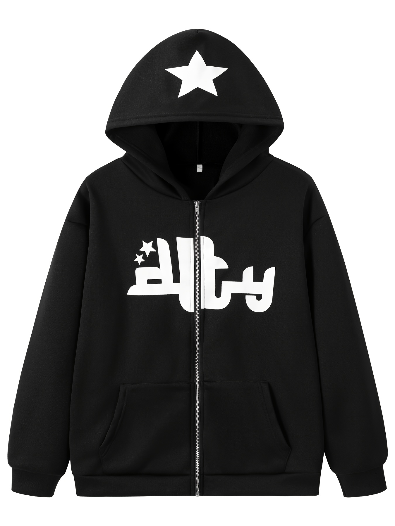 Plus Size Sports Top, Women's Plus Star Graphic Long Sleeve Zip Up Fleece  Lined Punk Hoodie With Pockets