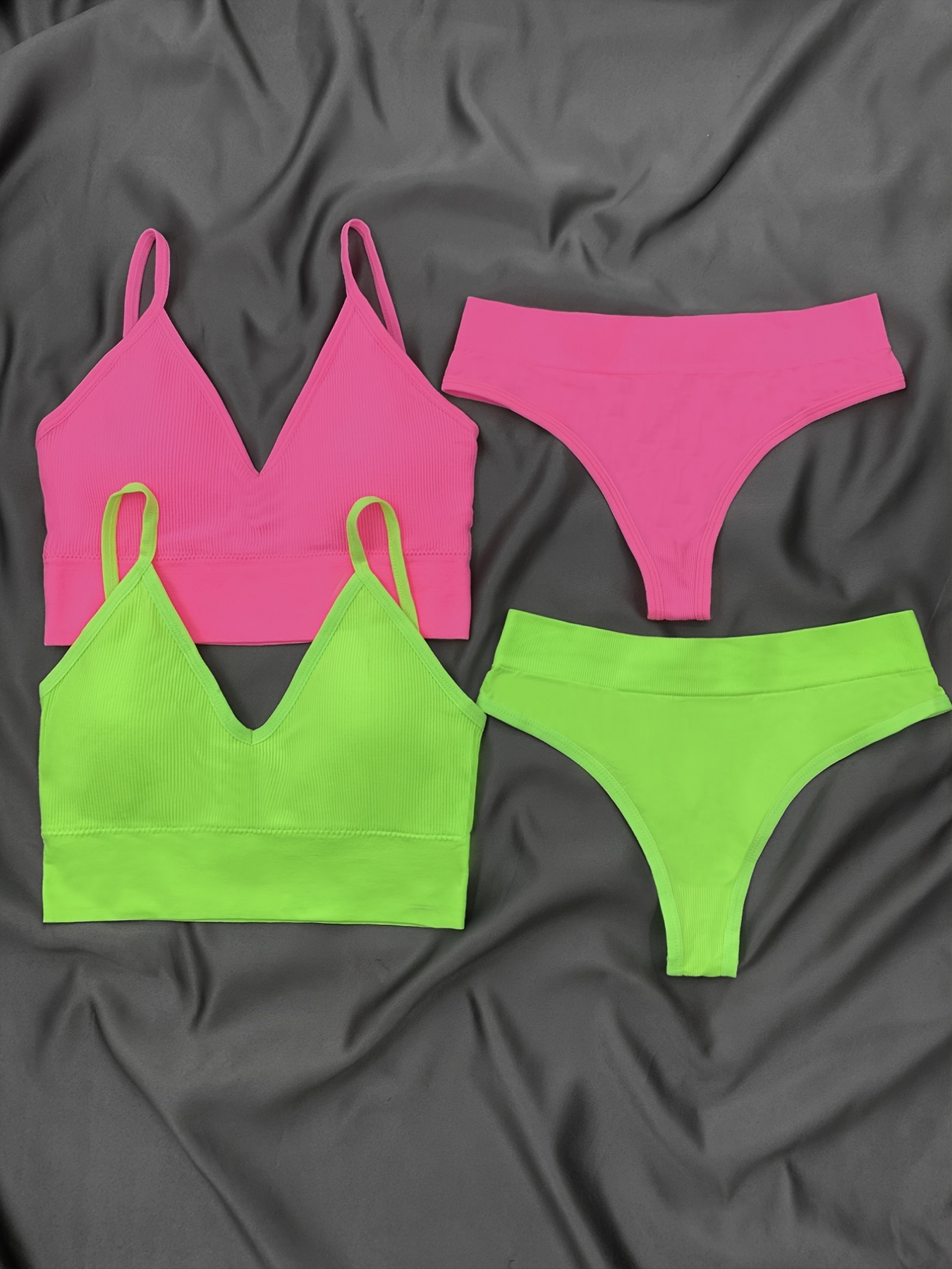 Plain Ribbed Lingerie Bra Top and Thong Set in Neon Green