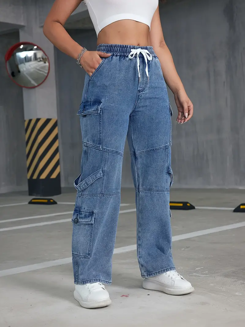 Flap Pockets Boyfriend Cargo Pants, Loose Fit Drawstring Elastic Waist  Straight Jeans, Women's Denim Jeans & Clothing