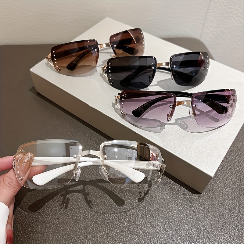 Y2K Rimless Wrap Around Sunglasses for Women Men Rhinestone Decor Gradient Lens Glasses One-Piece Outdoor Eyewear UV400,Temu