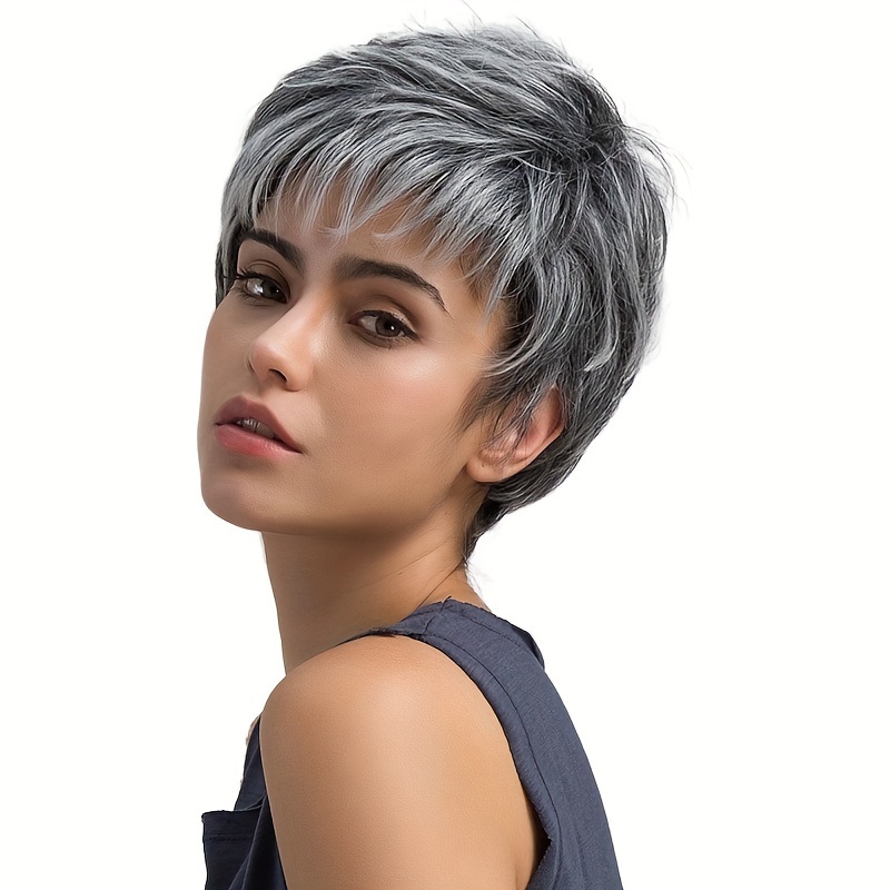 Short Gray Curly Wigs For Women Sliver Grey Pixie Cut Wig With Bangs Wavy Layered Synthetic Hair Wig Natural Looking