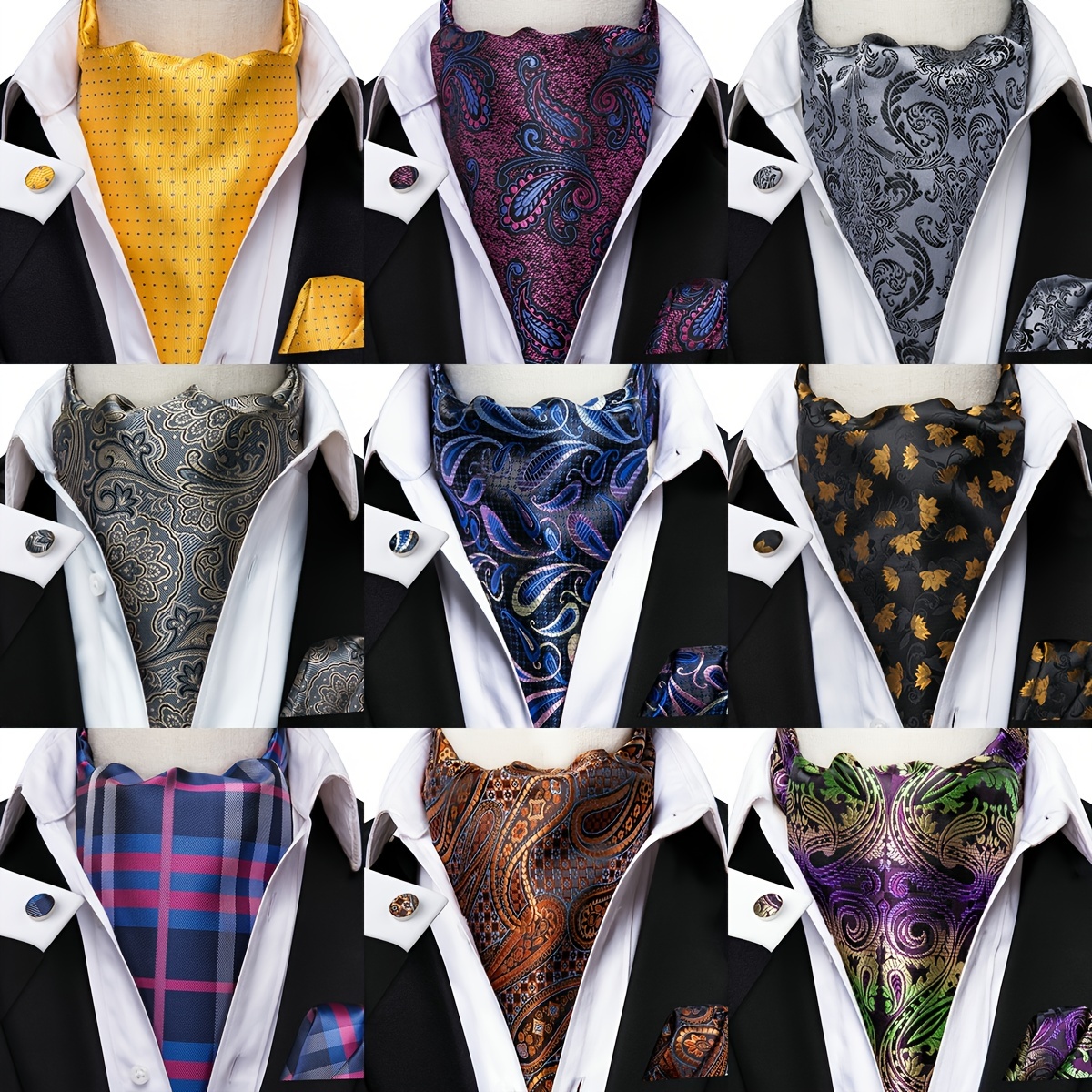 Mens Silk Ascot Cravat Tie Suit Blue Paisley Floral Scarf Hanky Ring Set  Casual