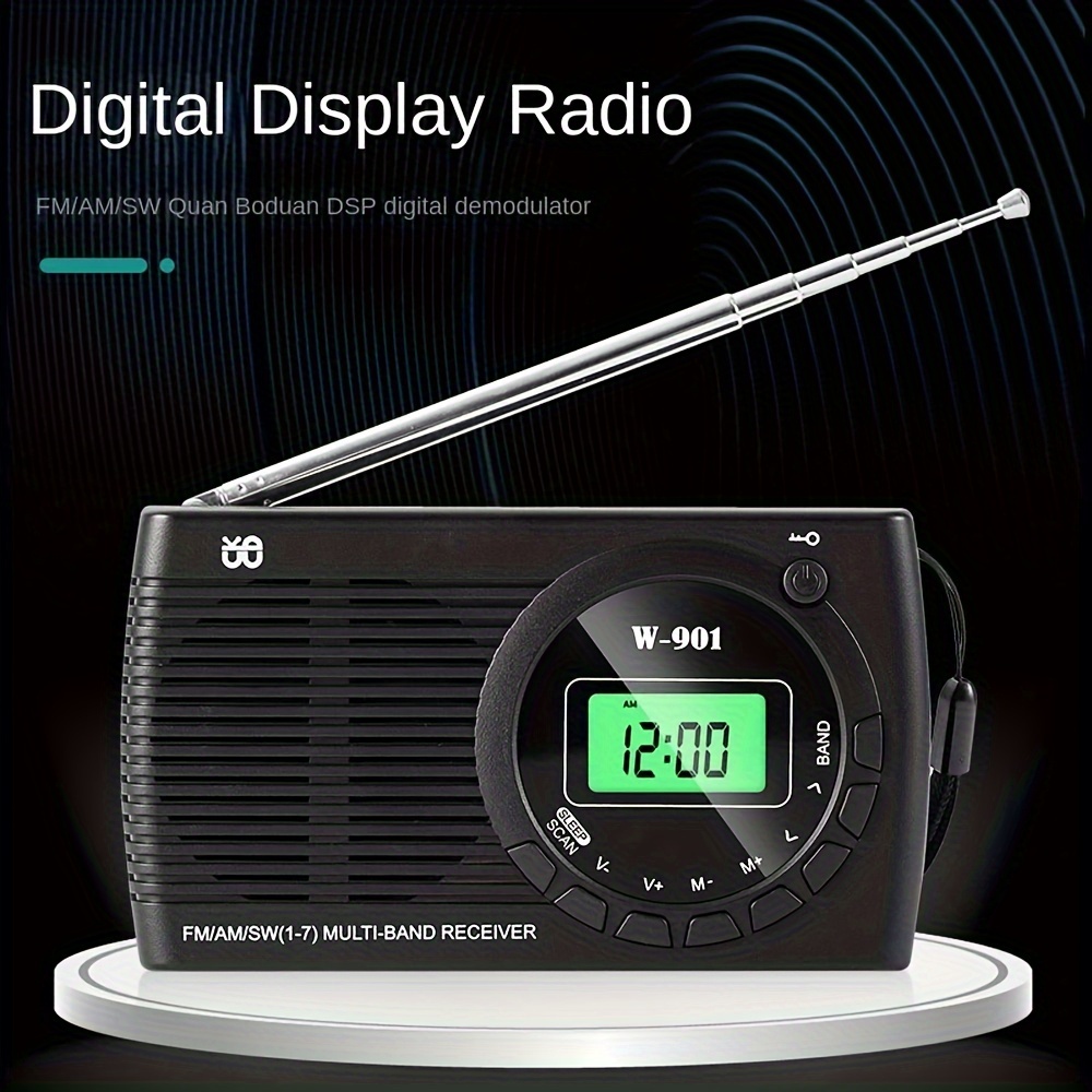 Radio portátil AM FM SW Bluetooth con batería recargable de 1200 mAh,  pequeña radio de onda corta sintonización digital, pantalla LCD, soporte  USB y