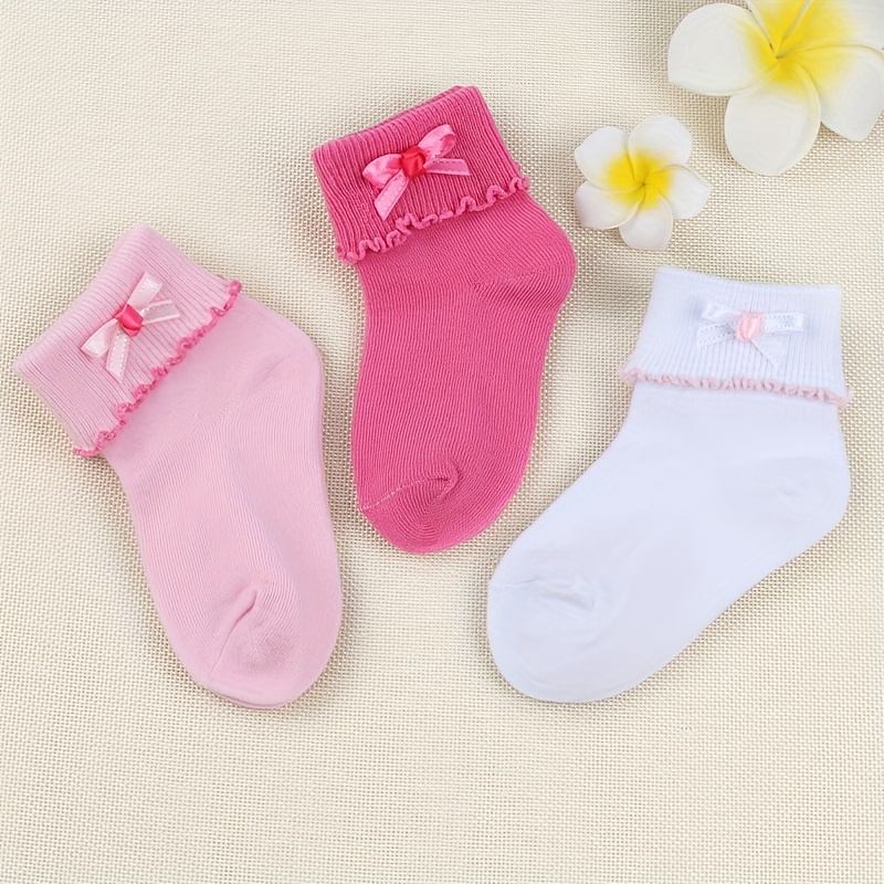 3 Pairs Girls Bowknot Lace Crew Socks