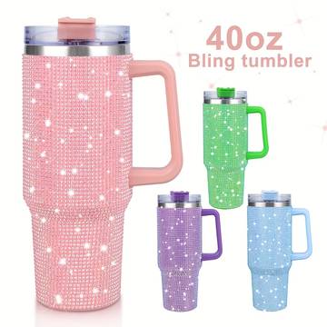 1pc 40oz 304 stainless steel tumbler with lid straw and rhinestone decor insulated thermal water bottle for car home office and travel perfect summer drinkware and birthday gift