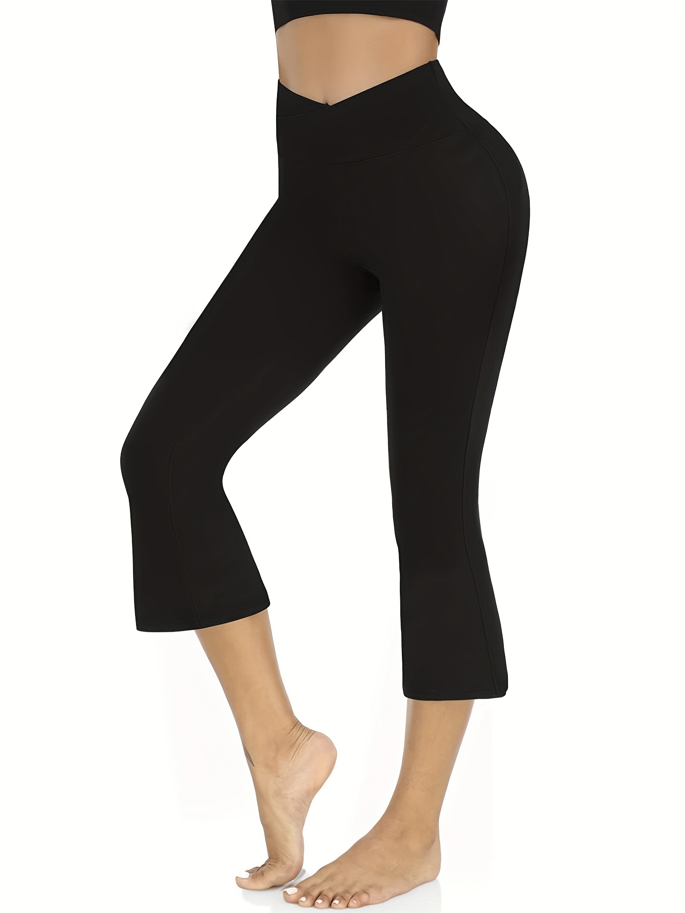 Black Overlap Flare Leggings High Waist Slimming Outwear - Temu Canada