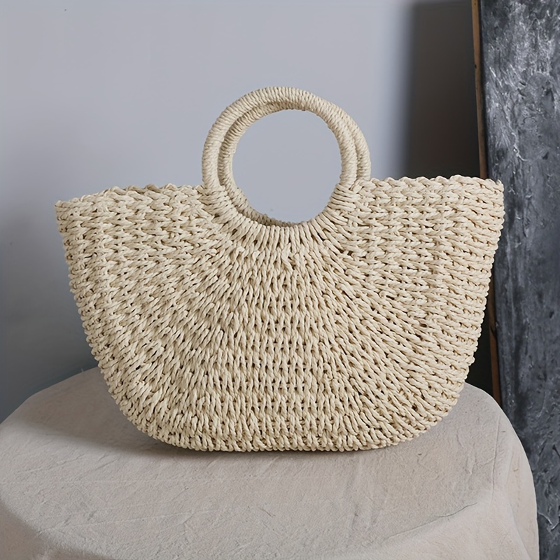 Image of Women's Crescent Bag Beach Vacation Retro Women's Handbag Simple Solid Color Woven Bag Vintage Casual Straw Weaving Bag