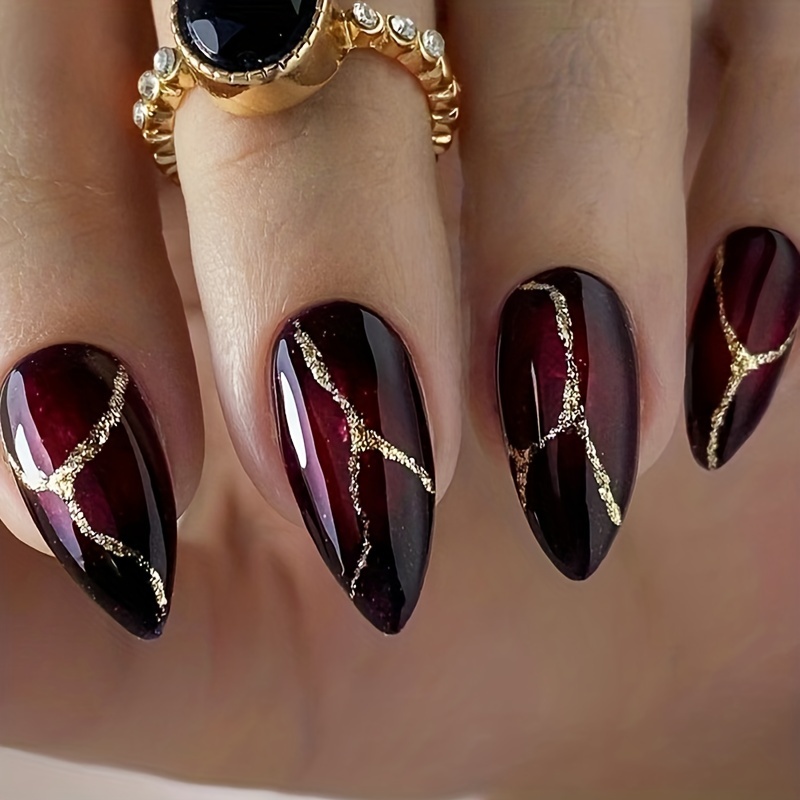 

24pcs Halloween Dark Red Press On Nails, Medium Length Almond Shape Fake Nails With Golden Glitter Design, Glossy Full Cover Stone Pattern False Nails For Women And Girls