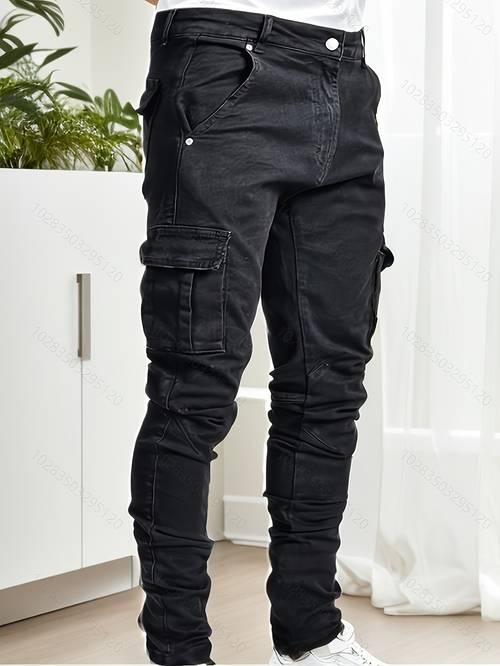 Мужские повседневные джинсы скинни с карманами и клапанами, шикарные джинсовые брюки средней эластичности в уличном стиле