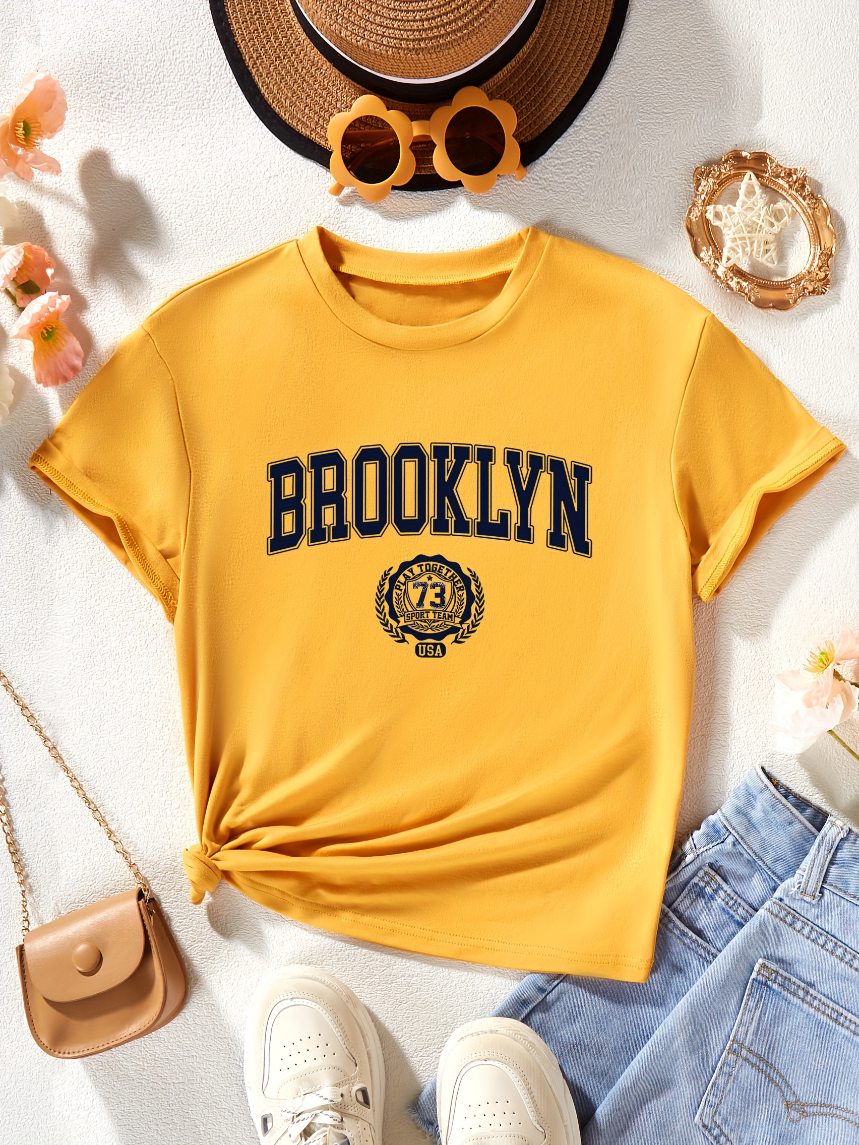 Camiseta Creativa Niñas Estampado Letras Brooklyn Camisetas - Temu