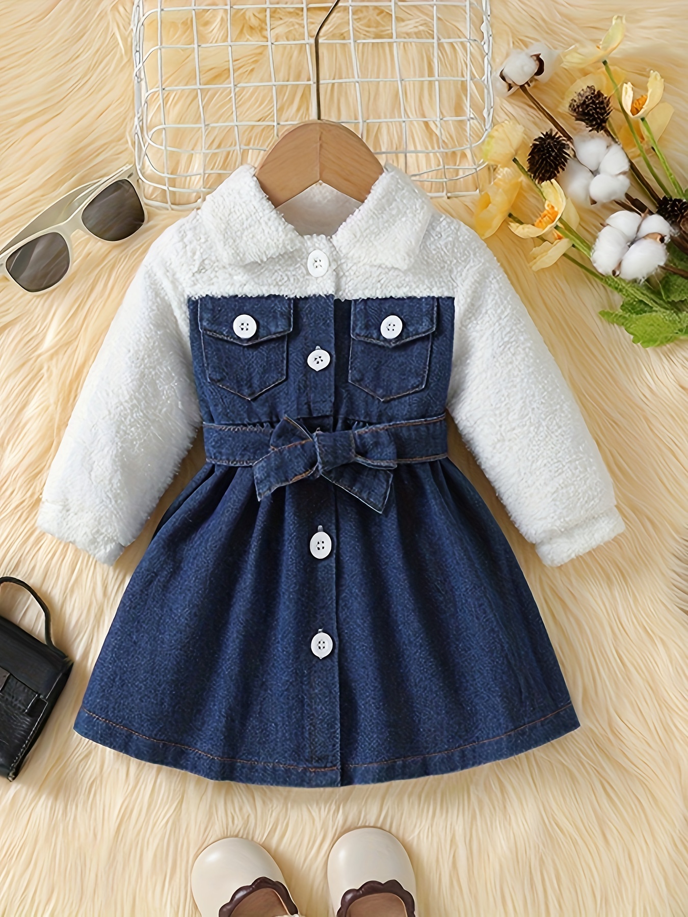 Cute Autumn And Winter New Sweet Baby Girl Splicing Solid Color  Long-sleeved Denim Dress Children's Party Casual Clothing