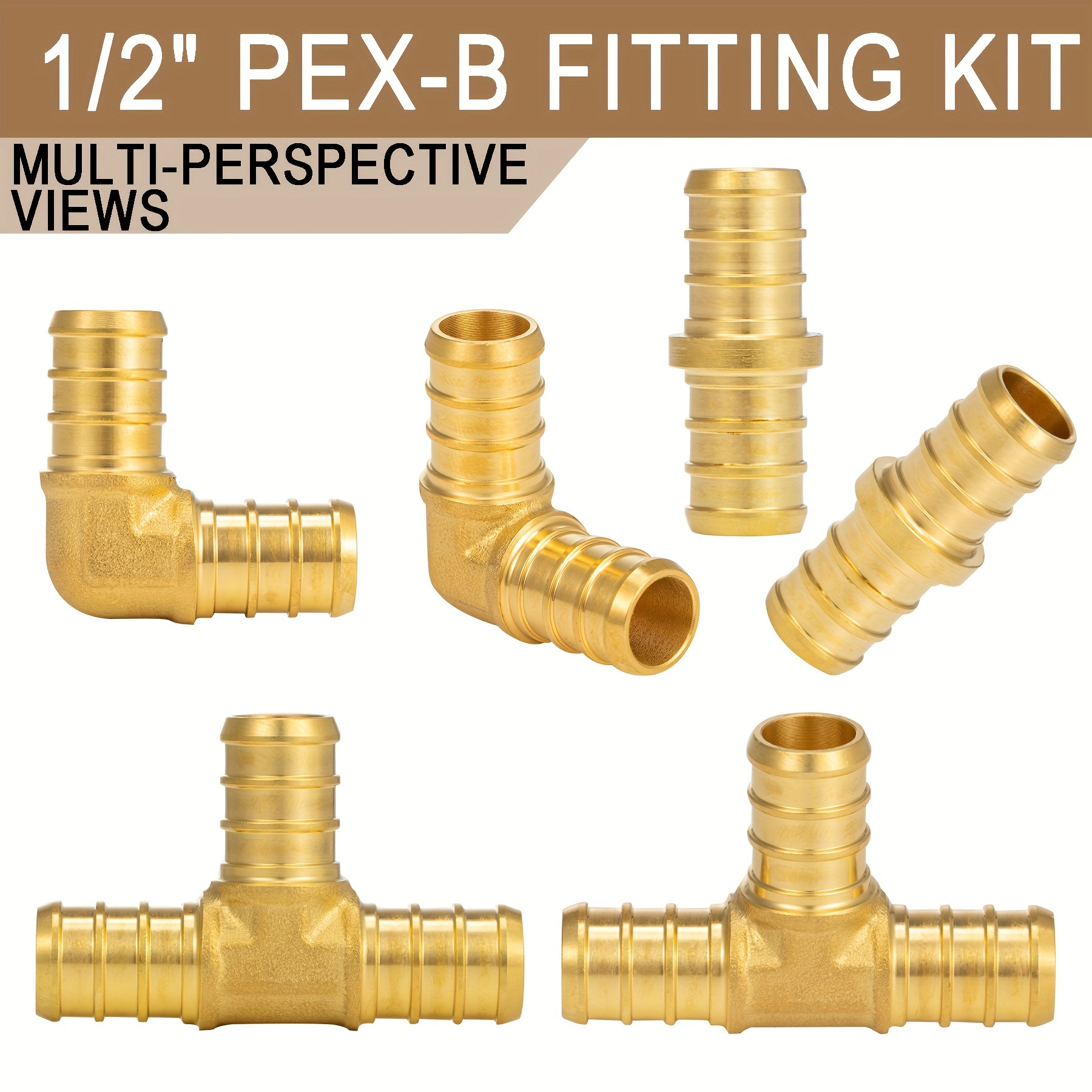 Muerk 1/2 inch T PEX Tee & 90 Degree Elbow & Straight Coupling 1/2 (pack  of 12) Lead Free Brass Barb Crimp Pipe Fitting/Fittings