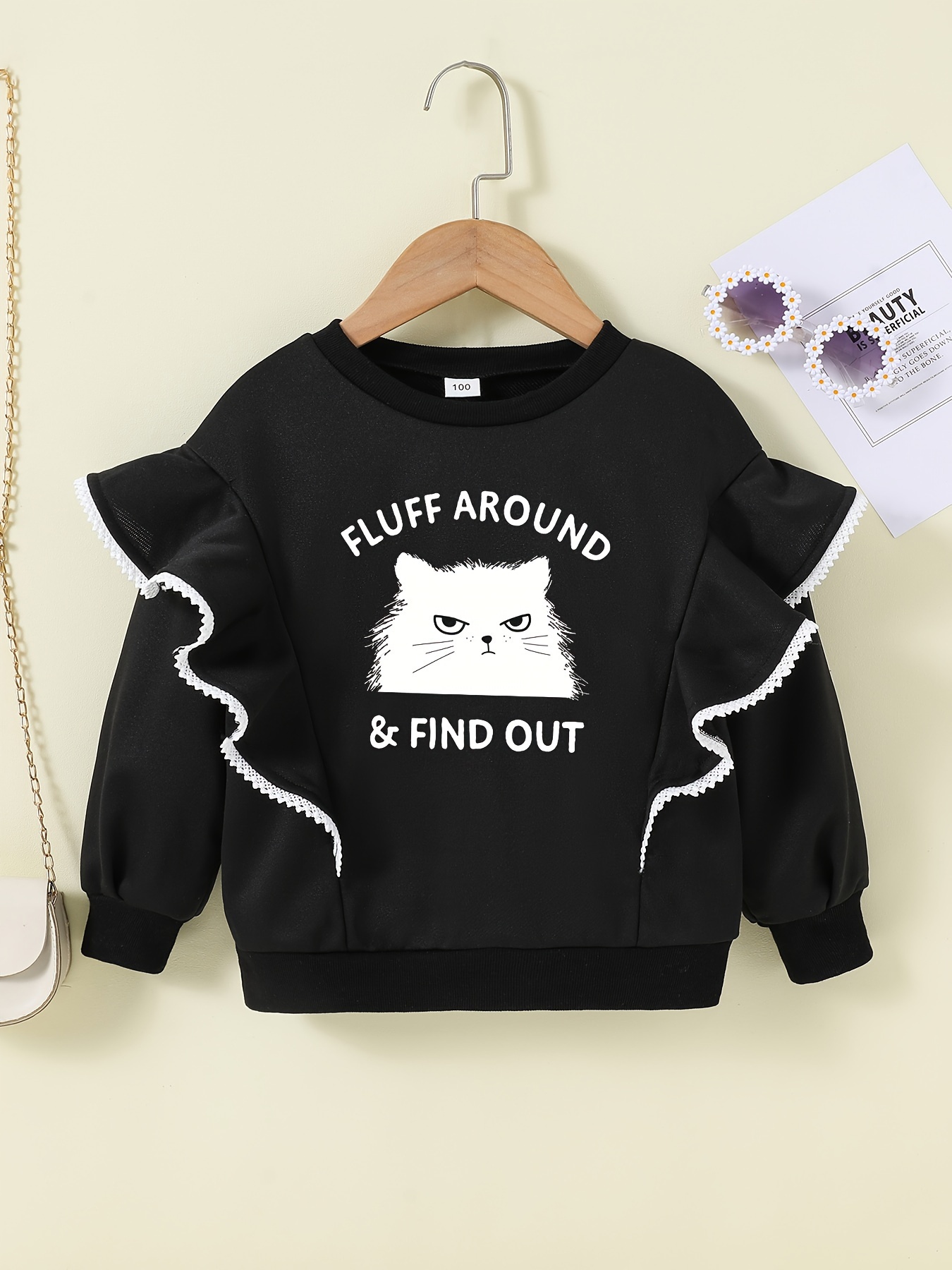Funny ''fluff Cat'' Print Girls Casual Ruffle Long Sleeve Temu United