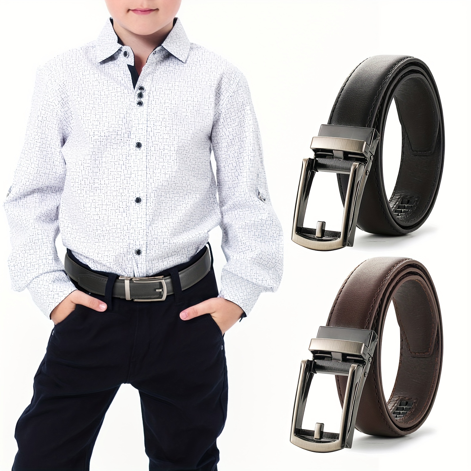 Men's Plain Leather Slide Ratchet Dress Belt with B Design Automatic Buckle  
