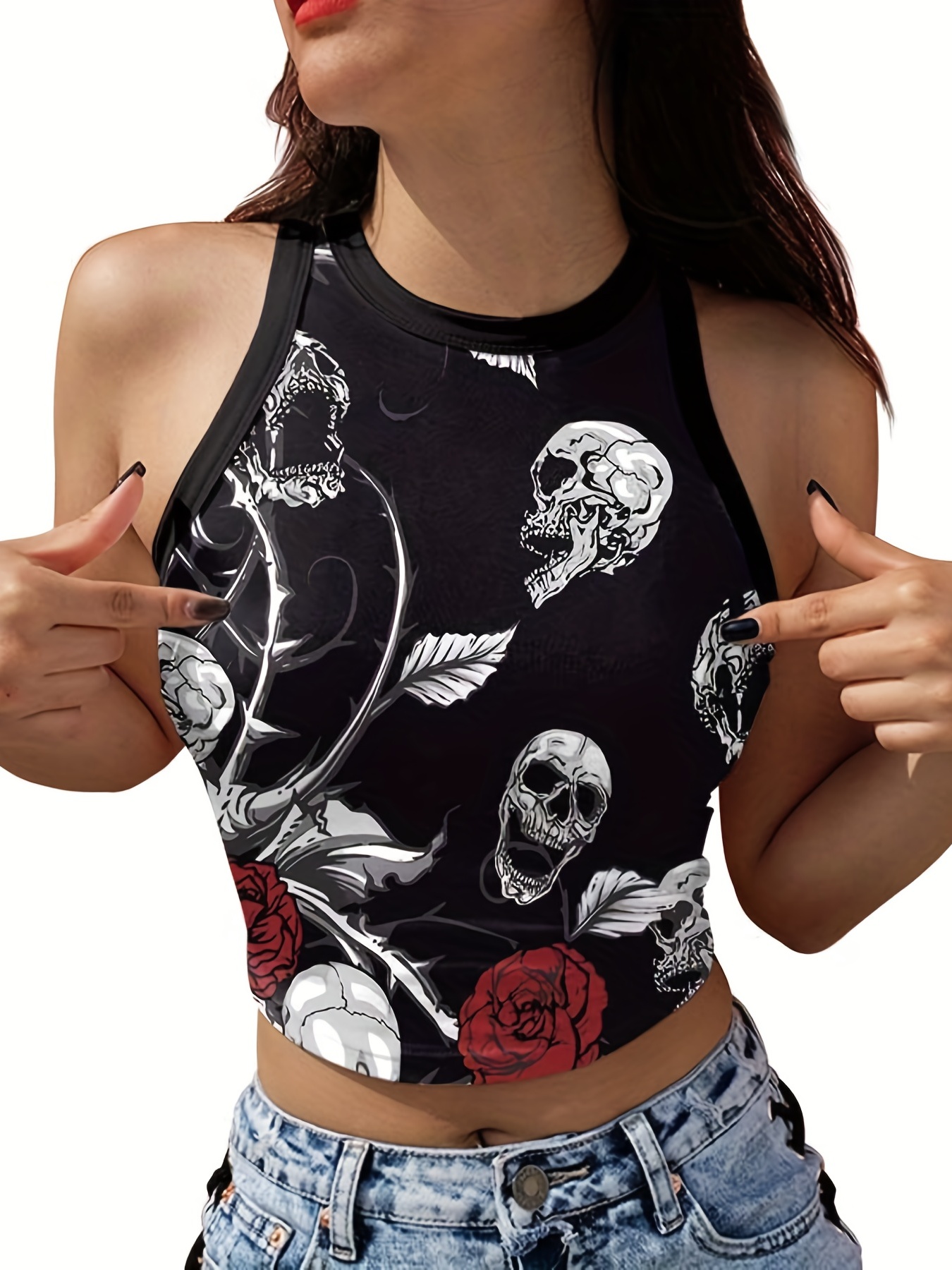 Social Collision Skull Heart Girls Crop Muscle Tank Top