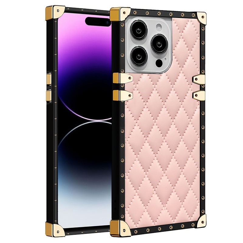 for iPhone 12/12 Pro Bling Case Luxury Trunk Box Design Glitter Cute Gold  Square Corner Soft TPU Cover with Finger Ring Grip Kickstand for Women  Girls
