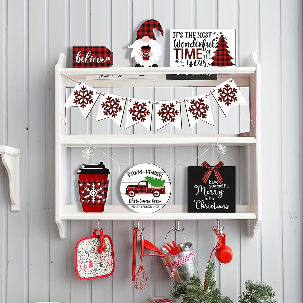 Christmas Decor - Christmas Decorations Indoor - Believe Merry Christmas  Wooden Signs & Buffalo Plaid Gnomes Plush Set - Farmhouse Rustic Tiered  Tray