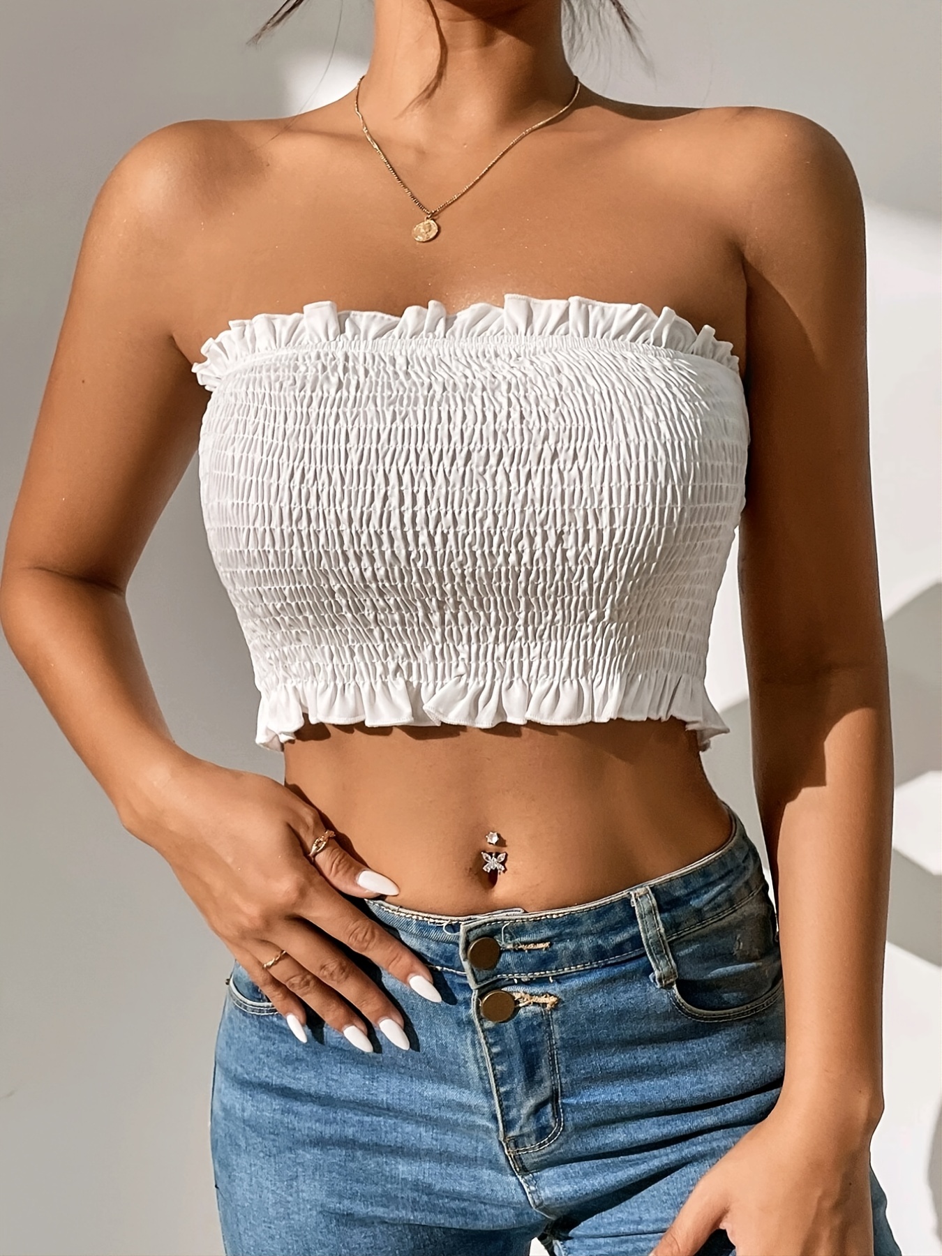 Lettuce Trim Shirred Crop Tube Top Sexy Strapless Top Summer - Temu