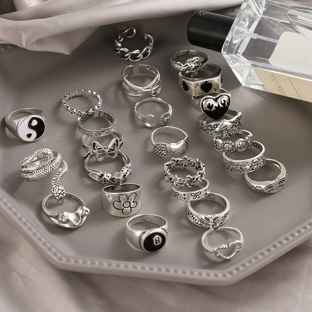 24pc Antique Silvery Vintage Stackable Ring Set, Punk Style
