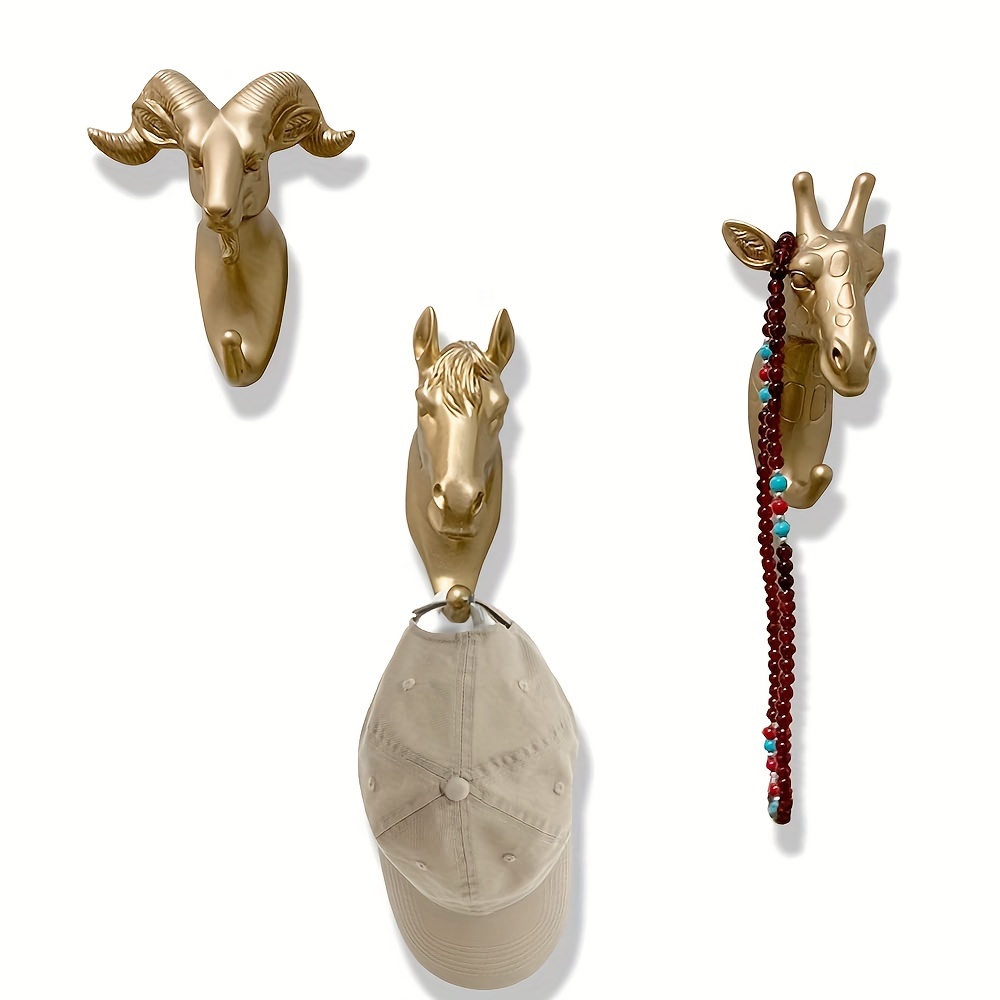 Set of 3 Elephant Head Giraffe Head and Rhino Head Wall Hooks / Hangers  Animal Shaped Coat Hat Hooks (Gold)