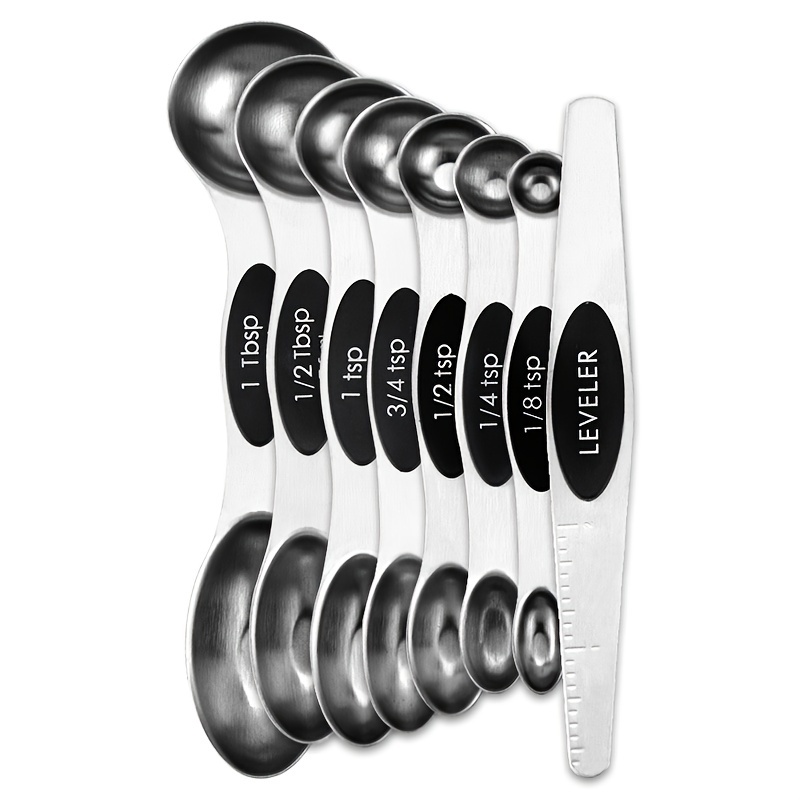 Magnetic Measuring Spoons Set, Dual Sided, Stainless Steel, Fits in Spice Jars, White, Set of 8
