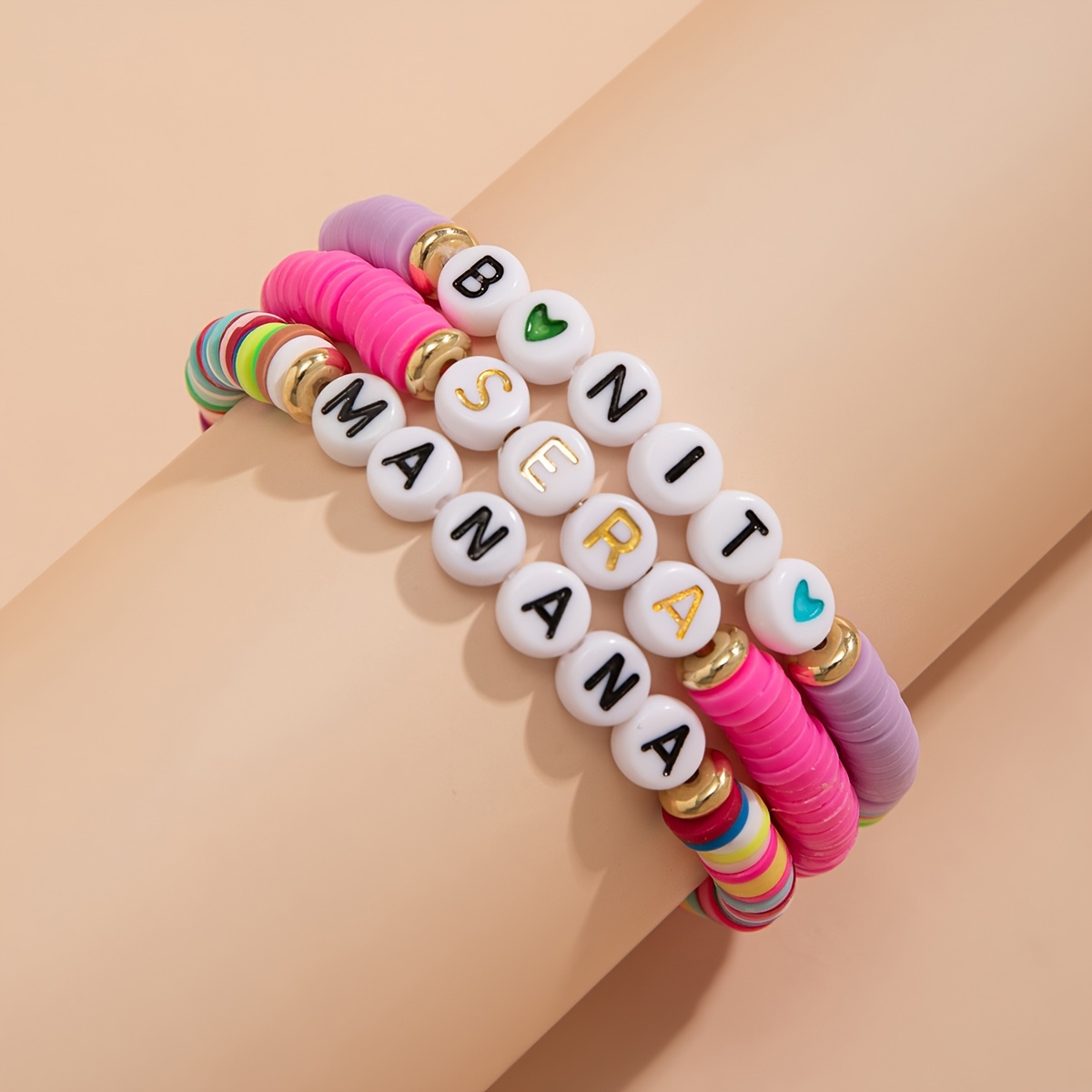 Heart Elastic Beaded Bracelet Set Candy Color Stackable Hand - Temu