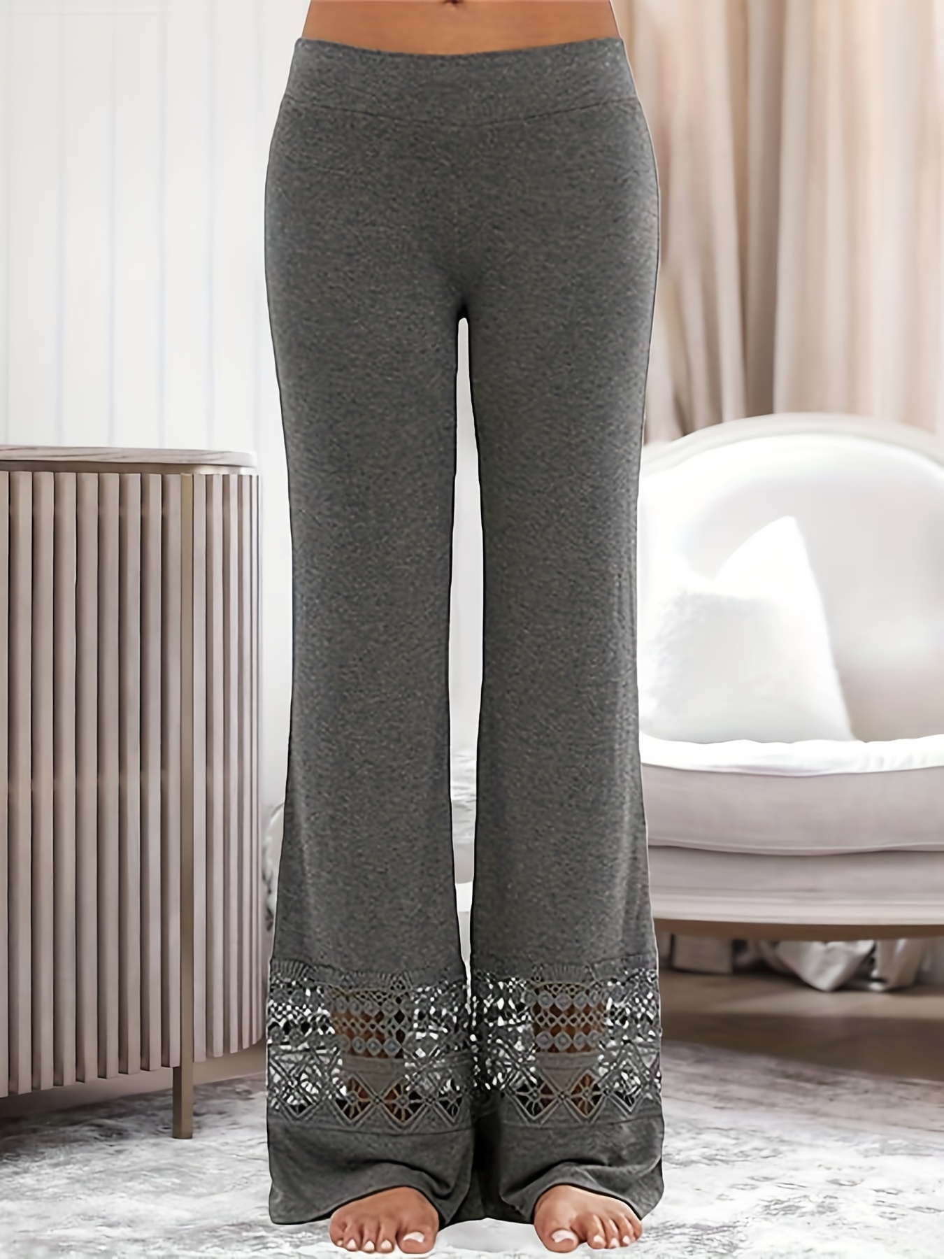 Plus Size Casual Leggings Women's Plus Solid Contrast Lace - Temu