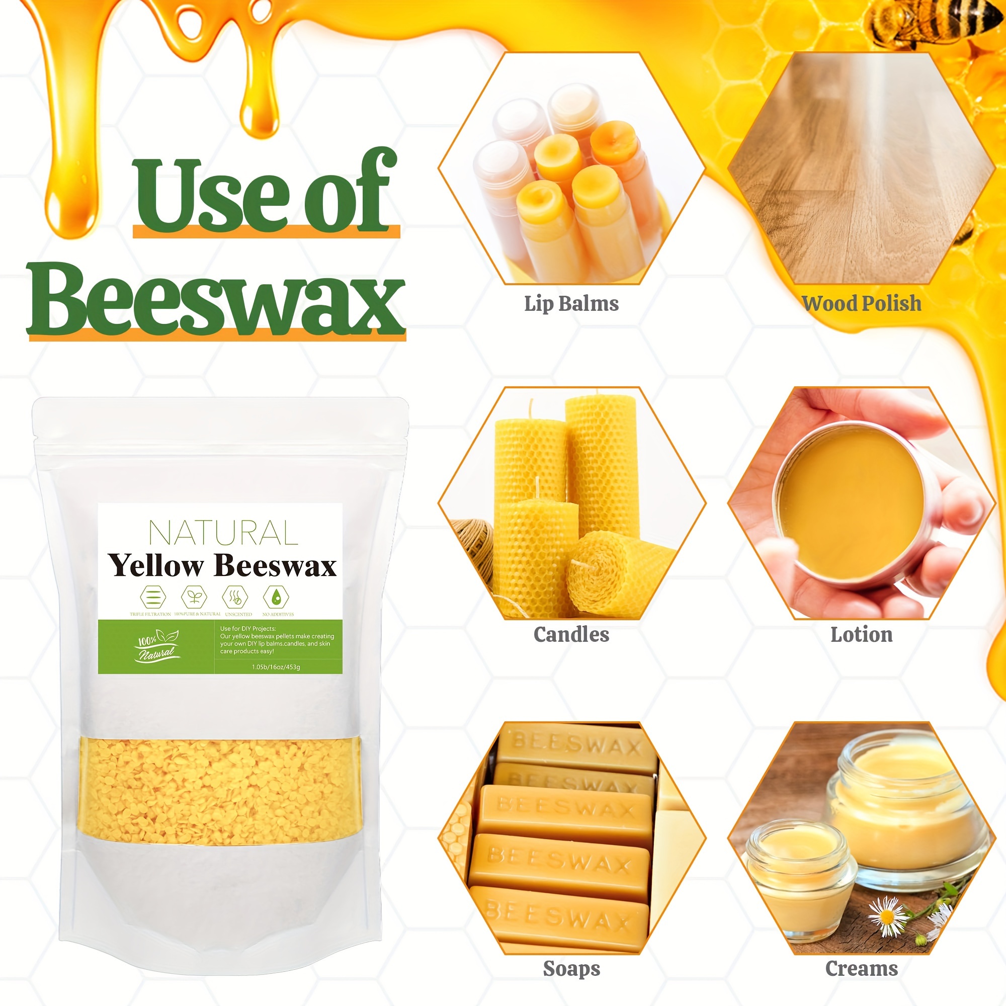 Yellow Organic Natural Beeswax Pellets - 453G 100% Beeswax Pastilles Pure  Bulk