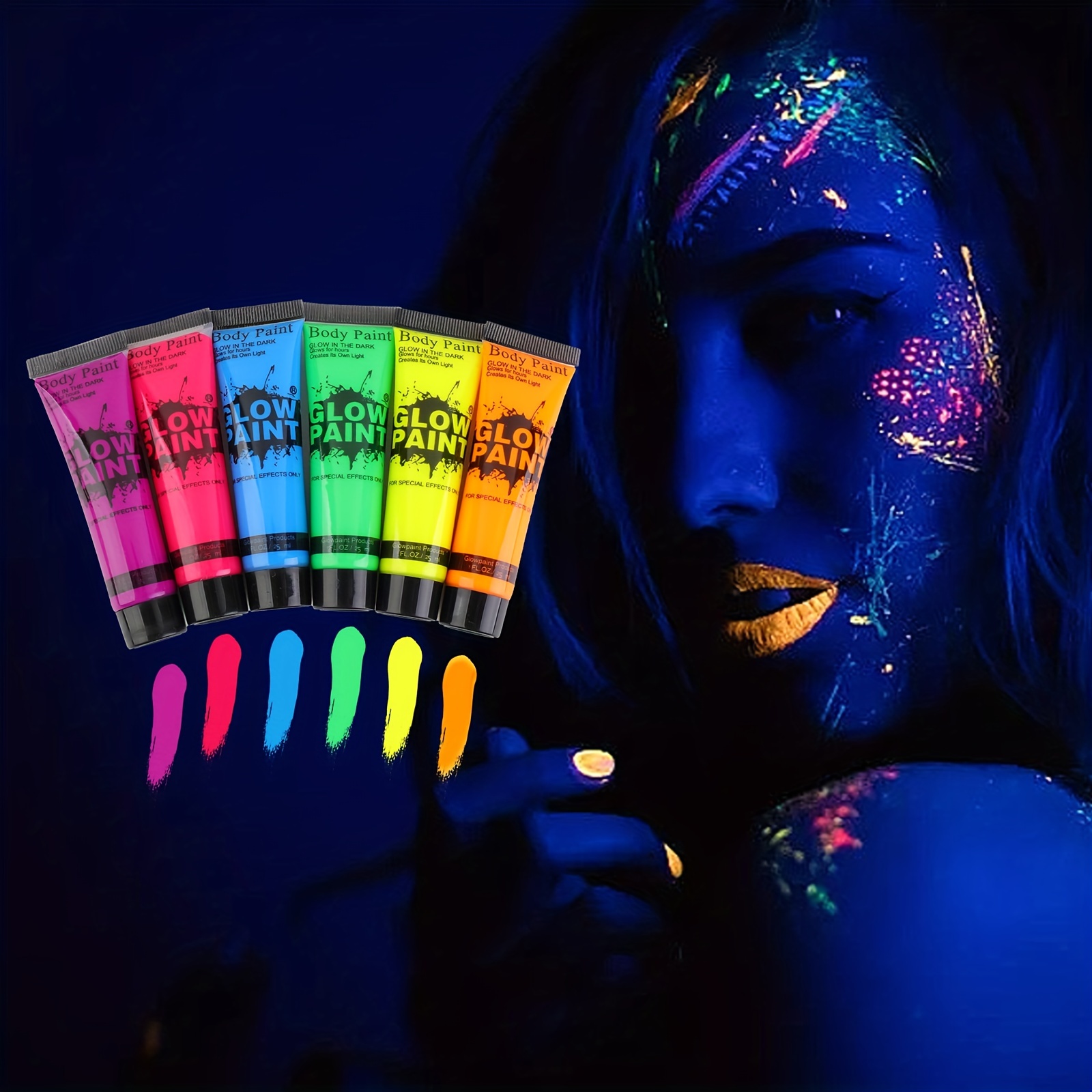  Kit de pintura facial UV, pintura que brilla en la oscuridad,  pintura corporal fluorescente neón de 8 colores, pincel profesional,  maquillaje de luces negras a base de agua para niños y