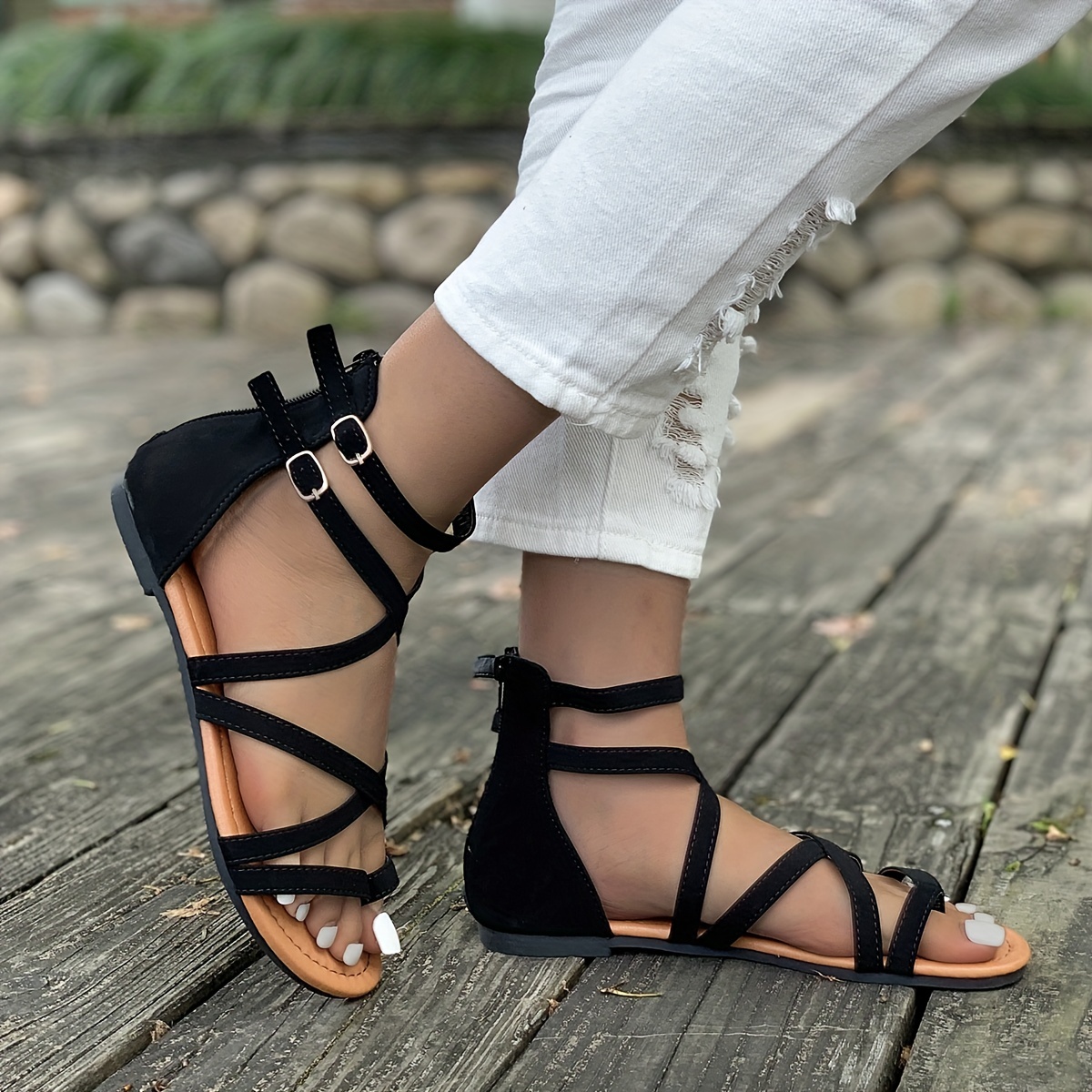 Women's Toe Strap Flat Sandals Roman Style Cross Strap Open - Temu