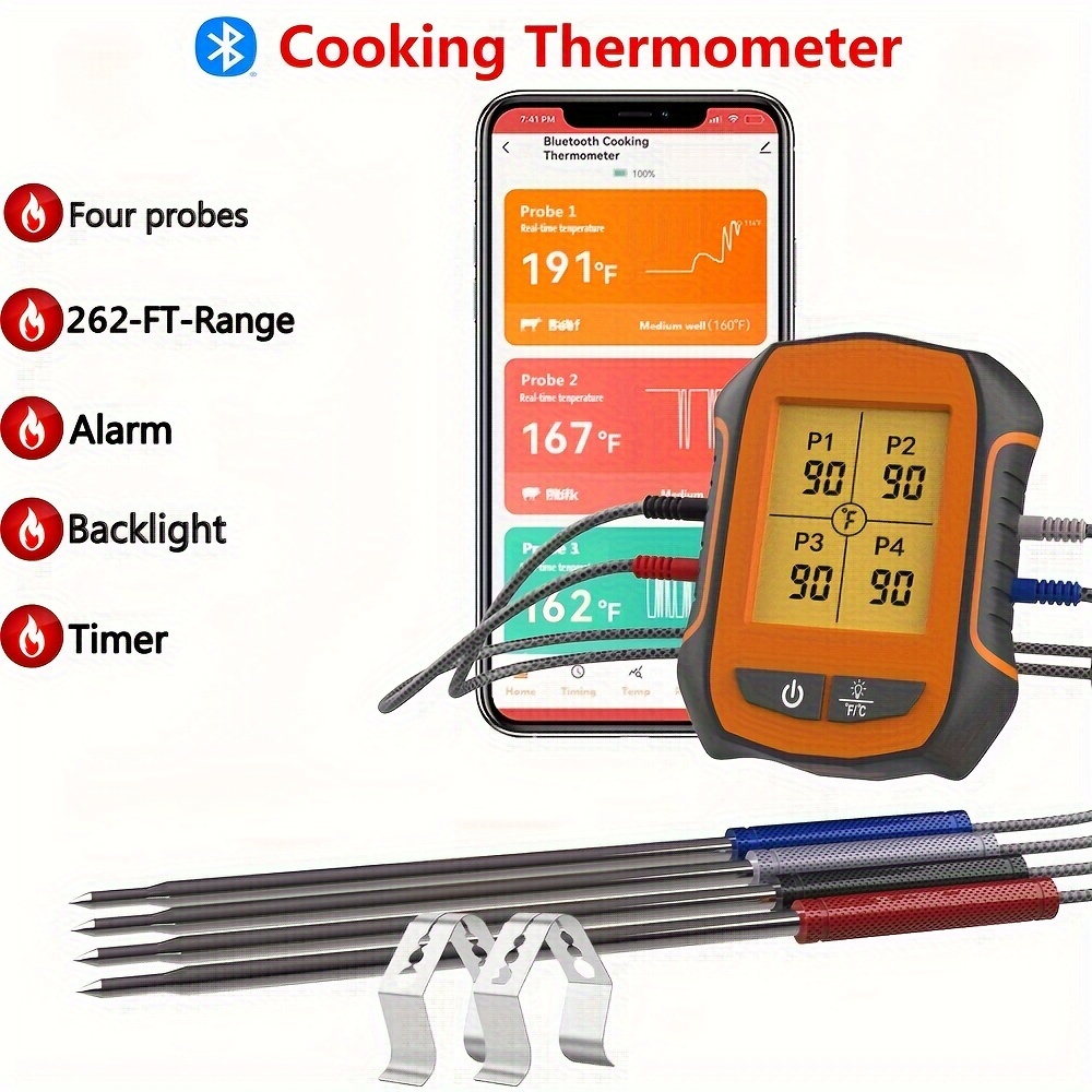 Thermomètre à viande Bluetooth intelligent sans fil avec télécommande  numérique pour barbecue contrôlé par application avec 6 sondes en acier  inoxydable, grand écran LCD pour la cuisson, le fumoir, le : 