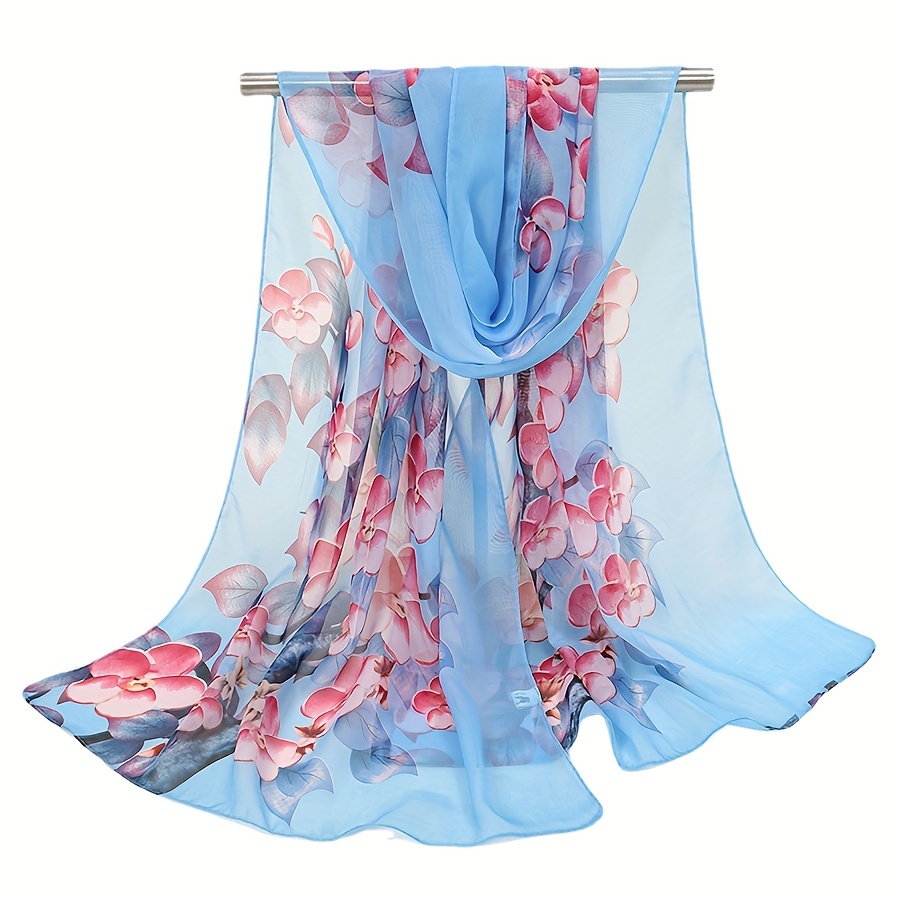 Chiffon Flower Print Scarf Silk Shawl Casual Windproof Head Wrap