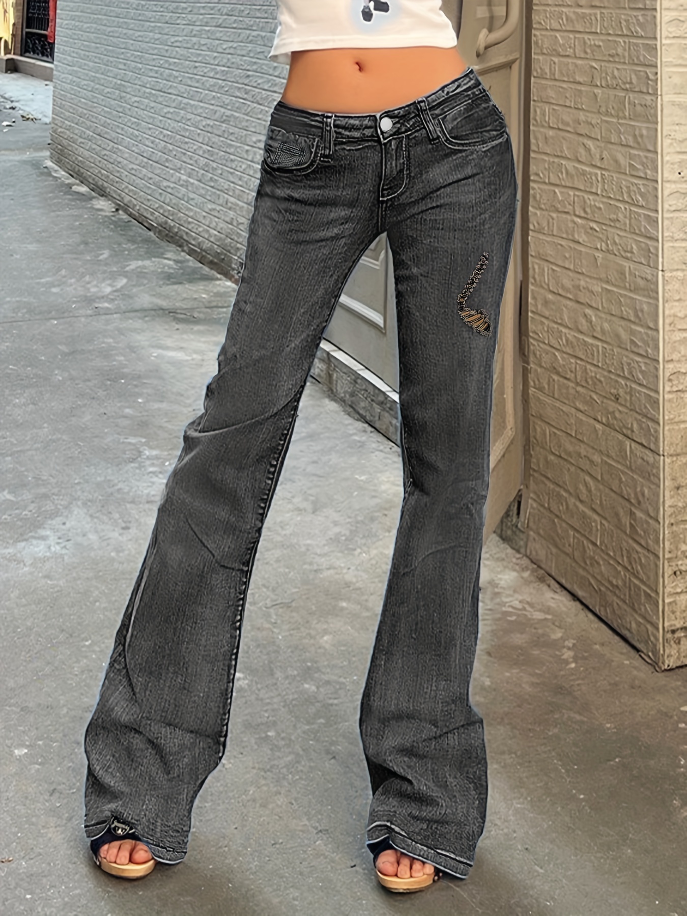 Cut Stitching Detail Wide Leg Jeans Dark Grey Washed Zipper - Temu