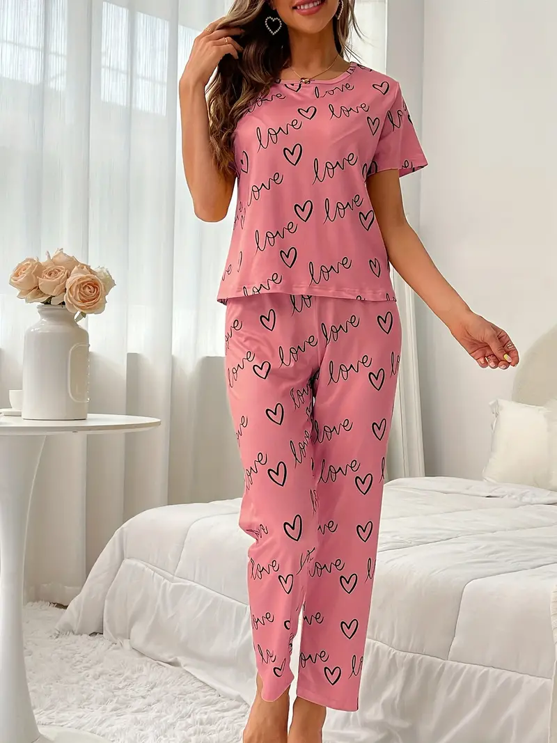 Cozy Pajamas Set Love Hearts Printed Short Sleeve Top - Temu United Kingdom