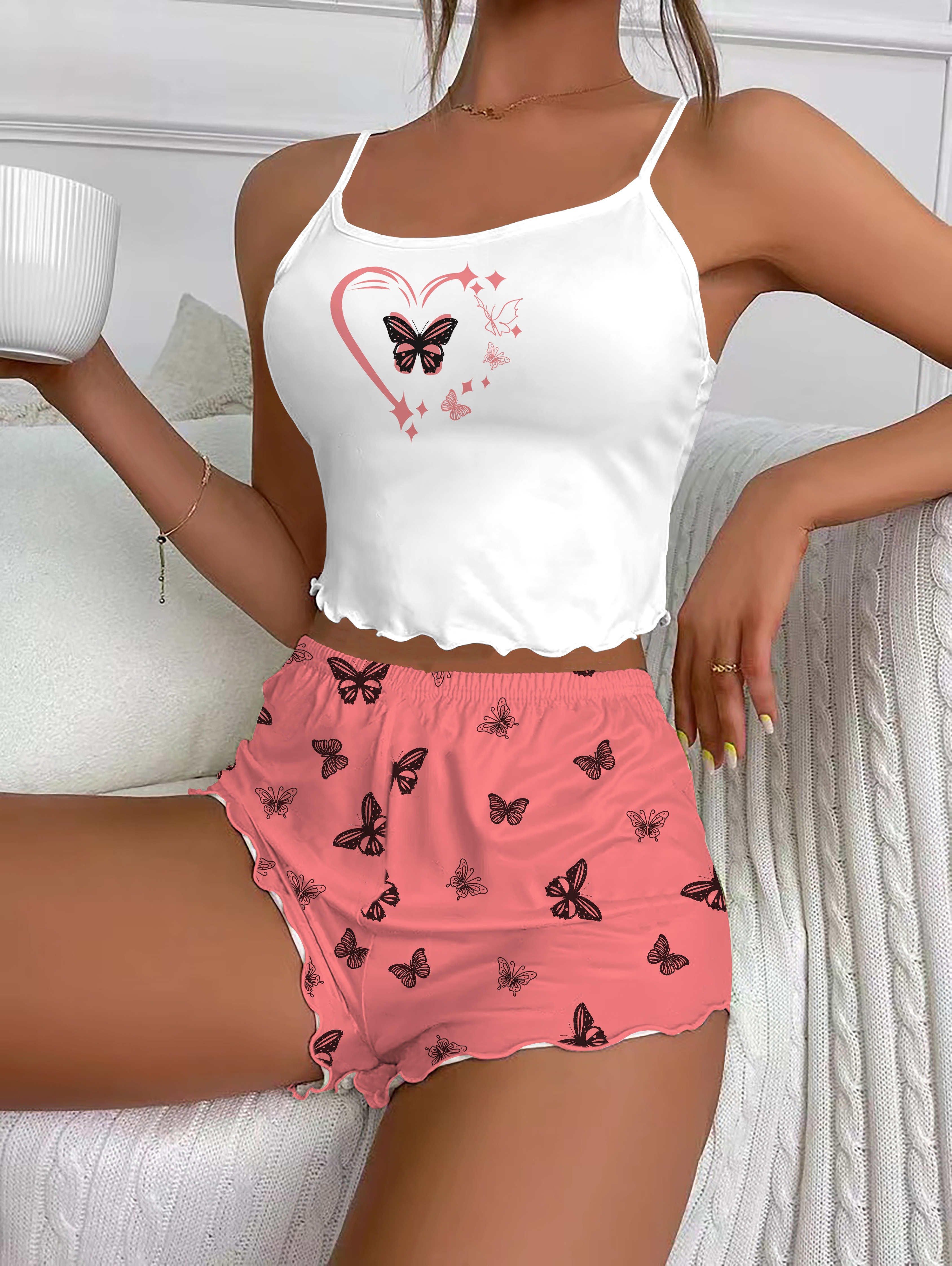 Butterfly Print Pajama Set Lettuce Trim Cami Top Elastic - Temu
