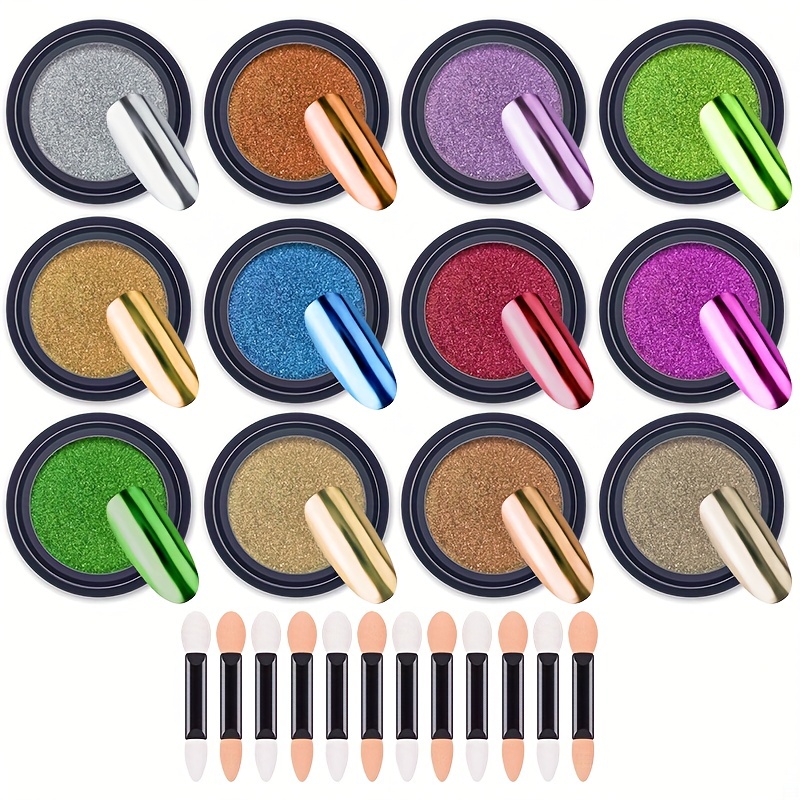 12 Colors Chrome Nail Powder With Eyeshadow Sticks Metallic - Temu