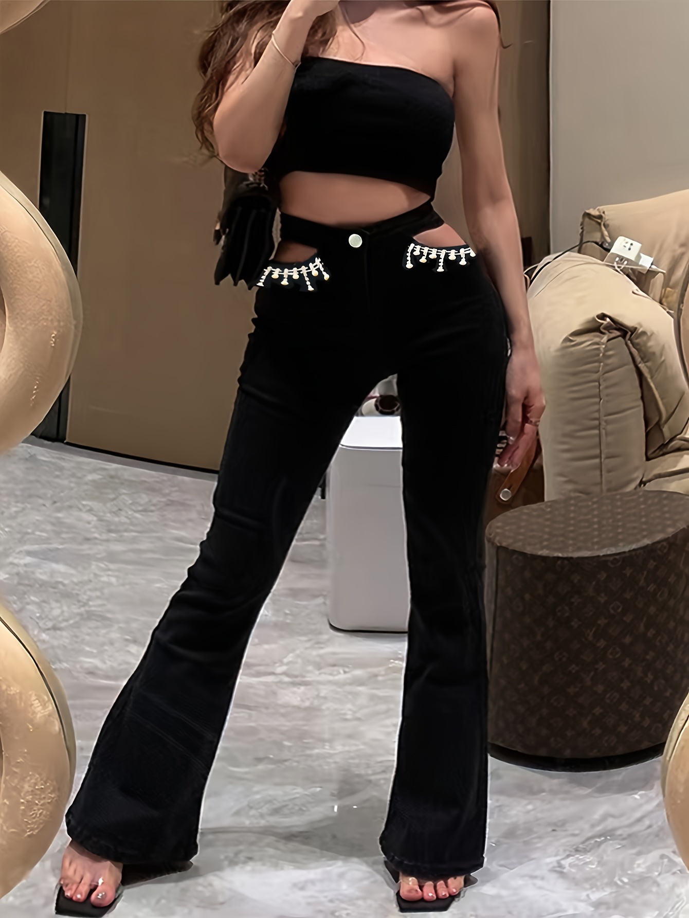 faux pearl decor cut out sexy flare jeans high waist high stretchy fitting denim pants womens denim jeans clothing