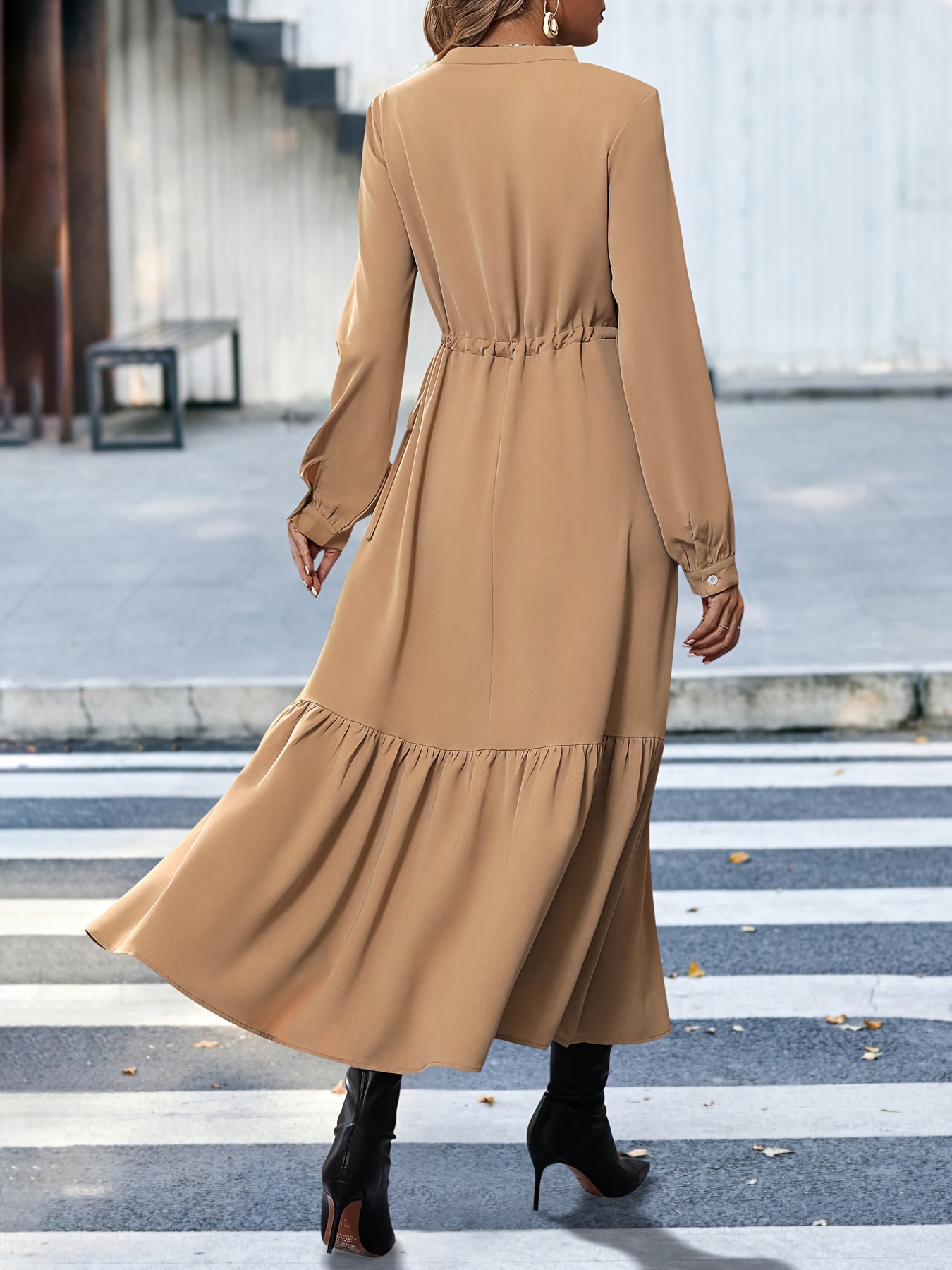 drawstring midi dress elegant button front long sleeve dress womens clothing