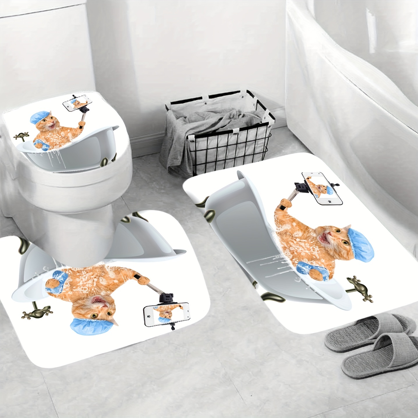 Bathroom Rugs Shower Curtain Cute Diving Cat Pattern - Temu