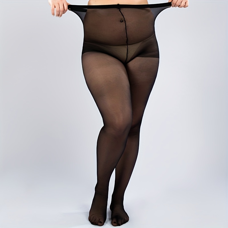 Plus Size Casual Stockings, Women's Plus Solid Semi Sheer High Rise Pantyhose Stockings