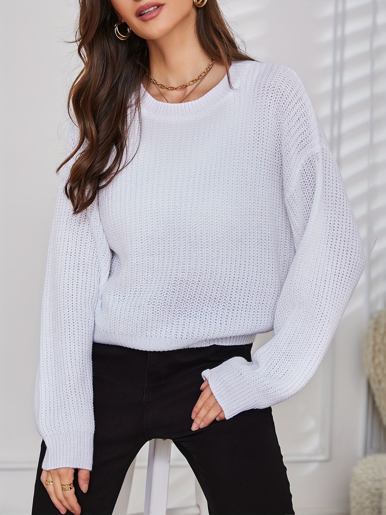 Solid Drop Shoulder Knit Sweater Casual Crew Neck Long - Temu Canada