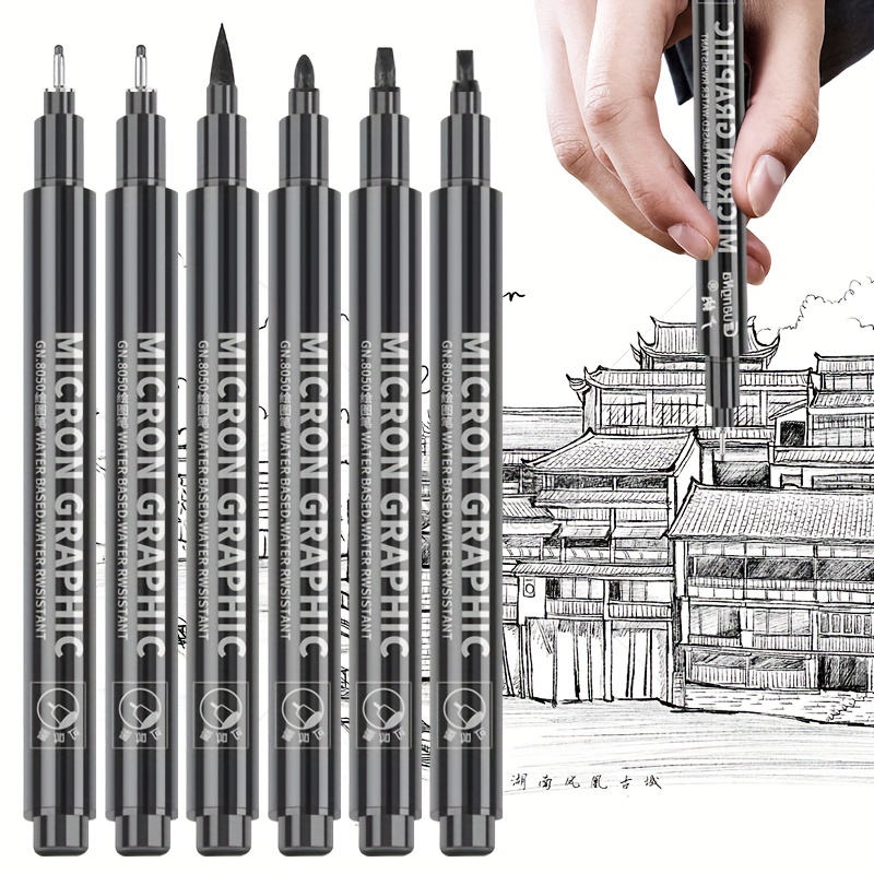 6 Black Syringe Pens + 2 Refillable Ink Drawing Pen Fine Line Pen