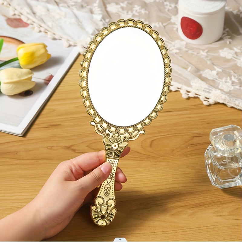 Espejo de mano vintage con mango, espejo de maquillaje, espejo de viaje  (ovalado, plateado)