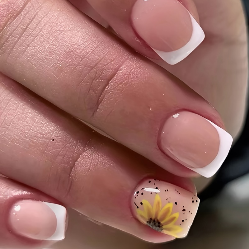 

Chic Short Square French Manicure Nails With Sunflower Design - Tips With Black Accents, Easy-to-wear, Nail Accessories