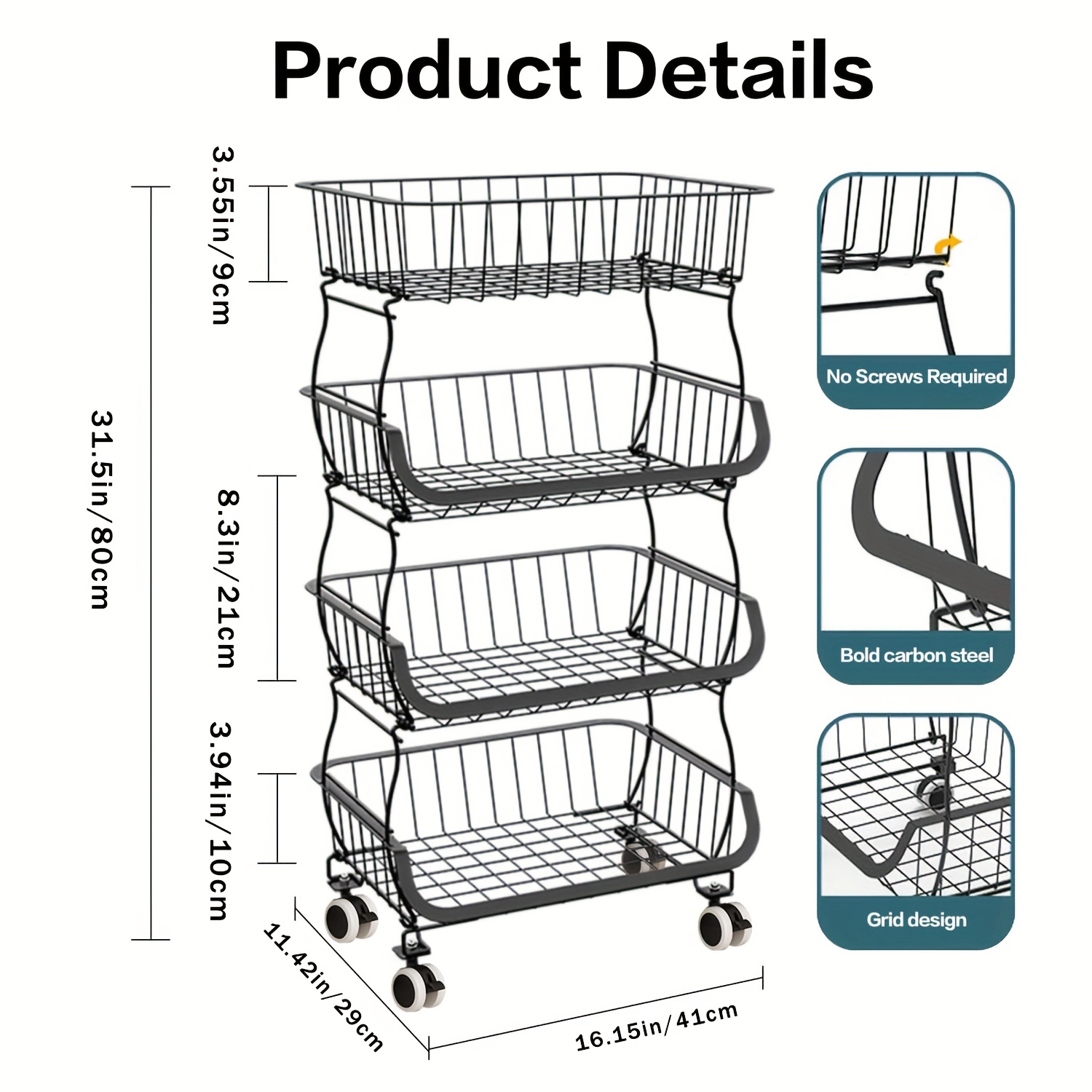  Fruit Basket for Kitchen,4 Tier Stackable Fruit and Vegetable  Storage Rolling Cart,Metal Wire Storage Baskets Organizer with  Wheels,Potato and Onion Storage Bins Rack for Pantry,Black