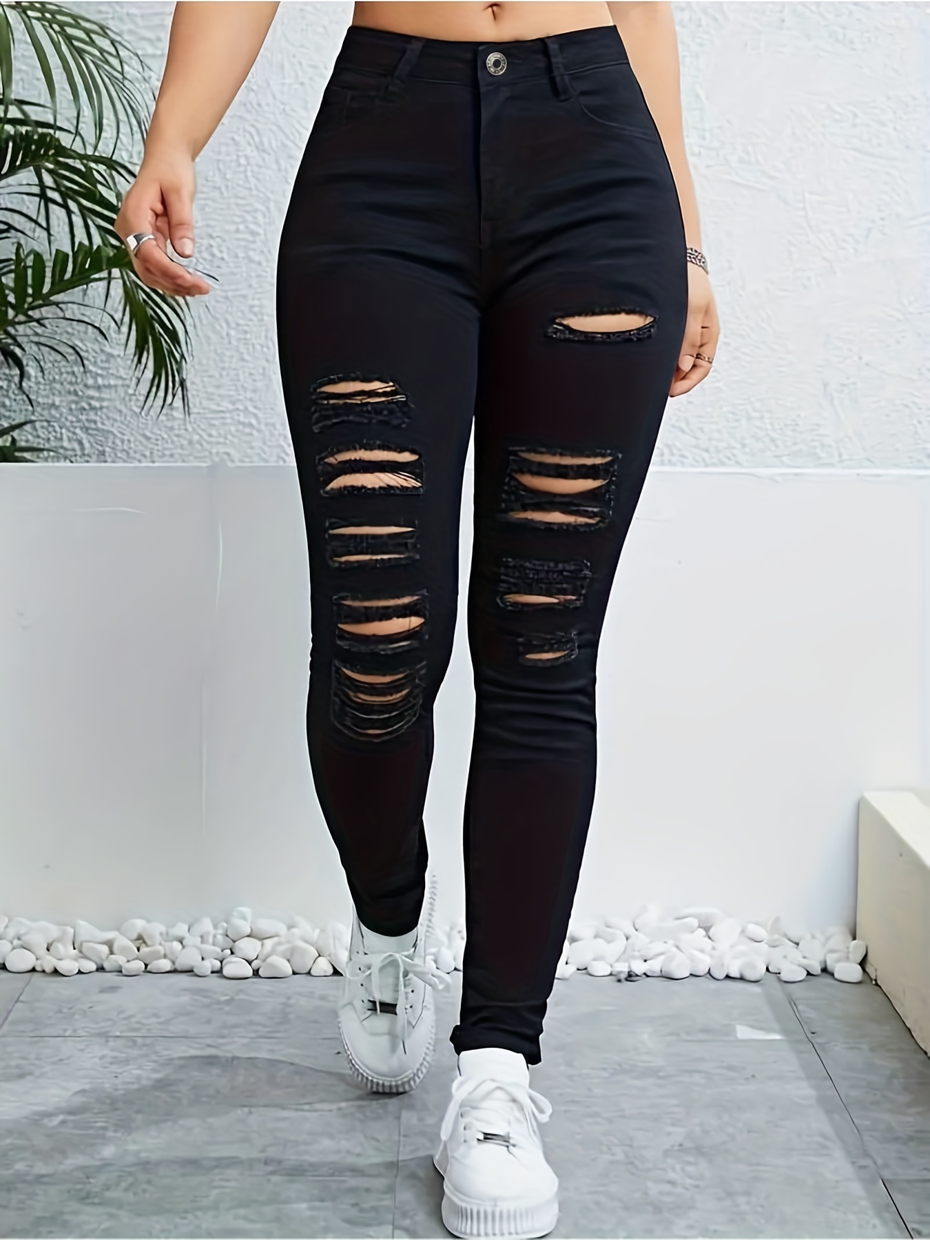 Ripped Black High Stretch Skinny Jeans, Solid Color Distressed Slash Pocket  Streetwear Denim Pants, Women's Denim Jeans & Clothing
