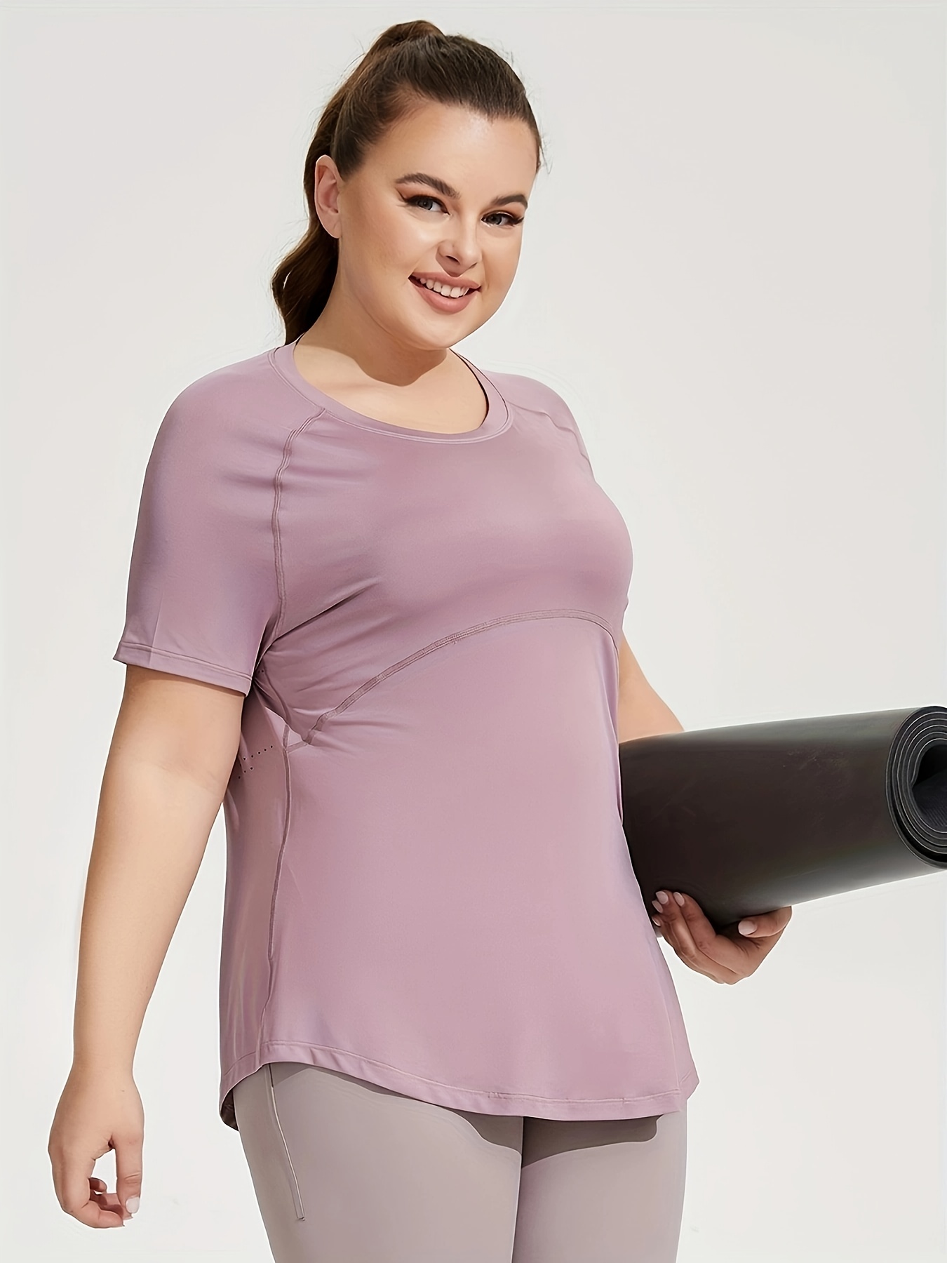 Plus Size Sports Top Women's Plus Solid Short Sleeve Round - Temu